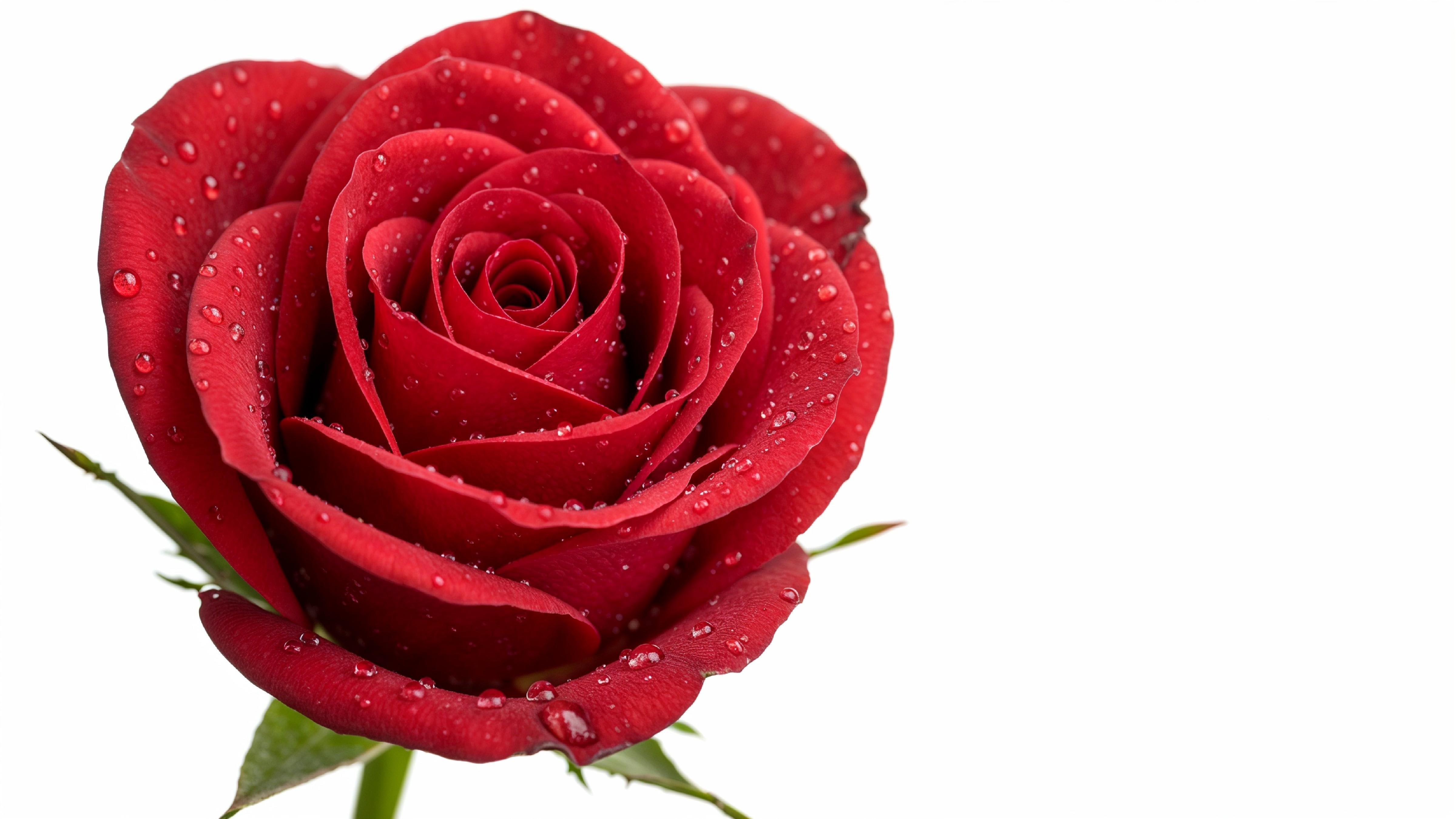 Elegant Red Rose with Dewdrops on White Background
