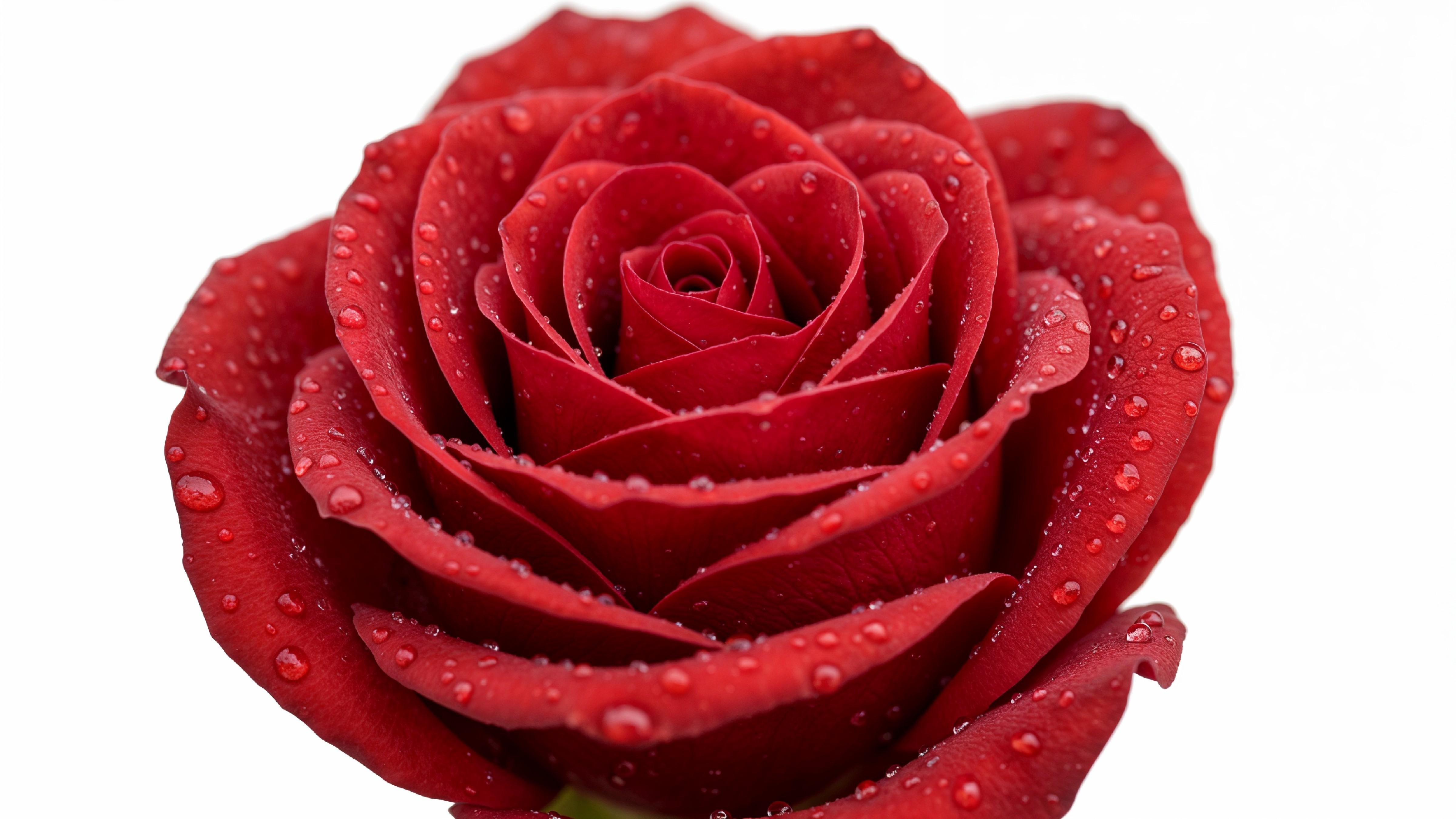 Elegant Red Rose with Dewdrops on White Background