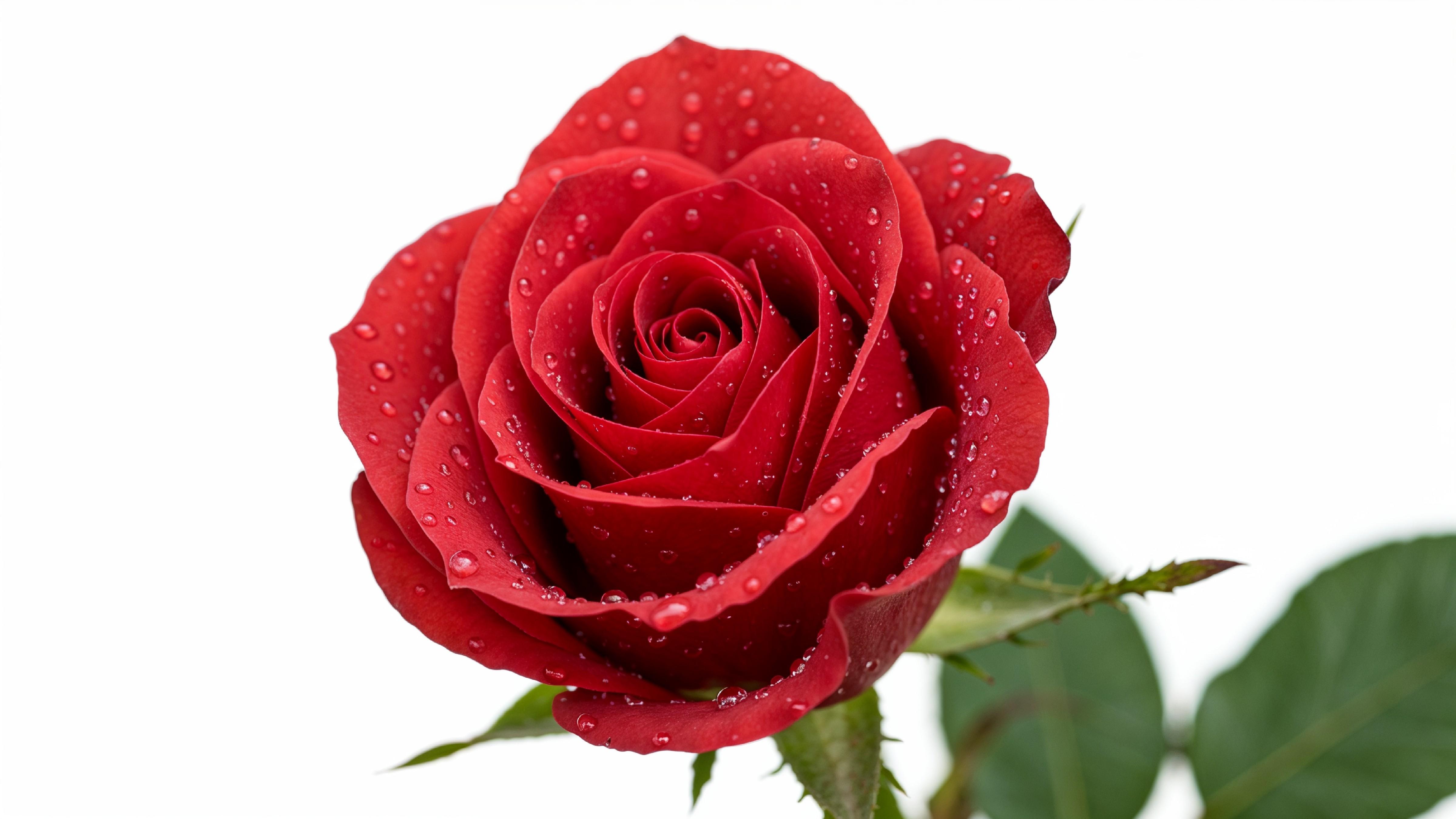 Elegant Red Rose with Dewdrops on White Background
