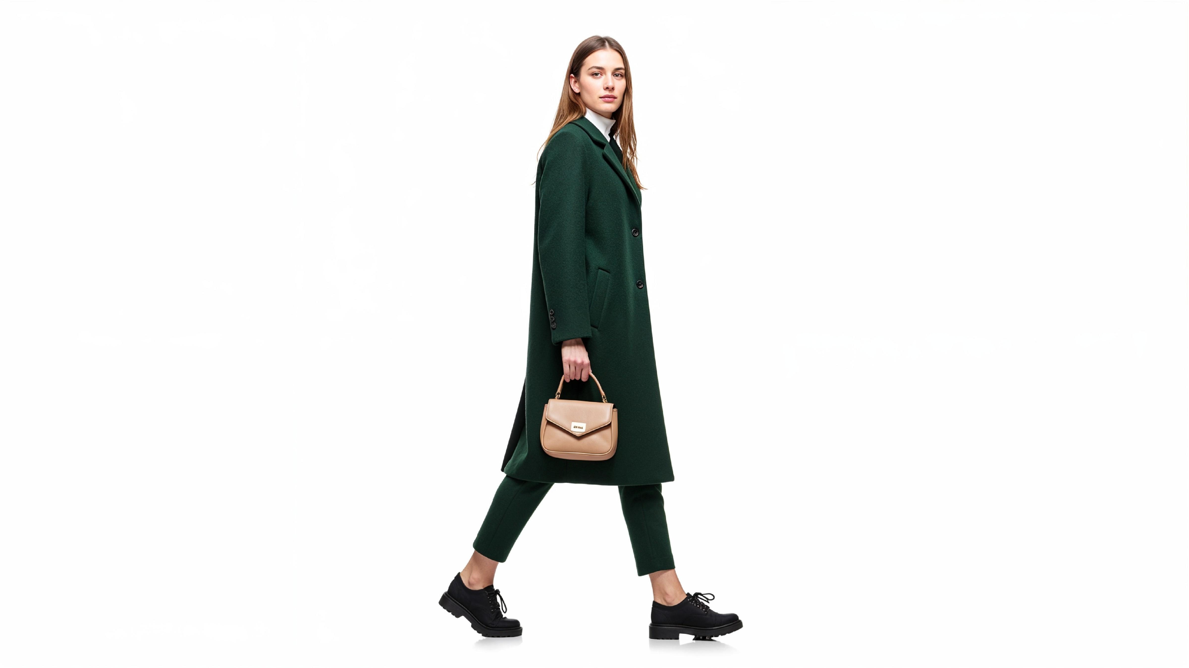Elegant Woman in Dark Green Coat Walking with Handbag