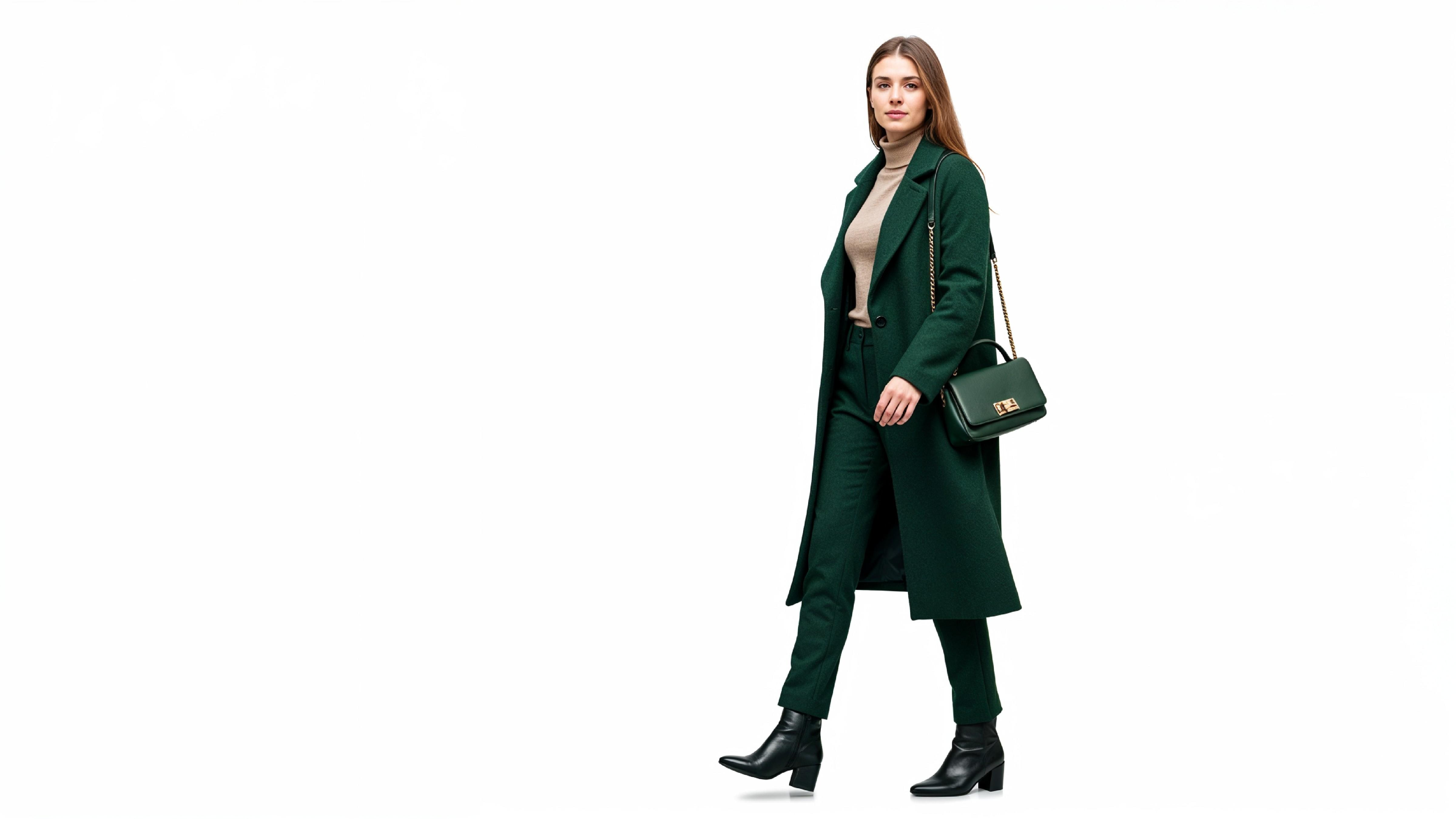 Elegant Woman in Dark Green Coat Walking with Handbag