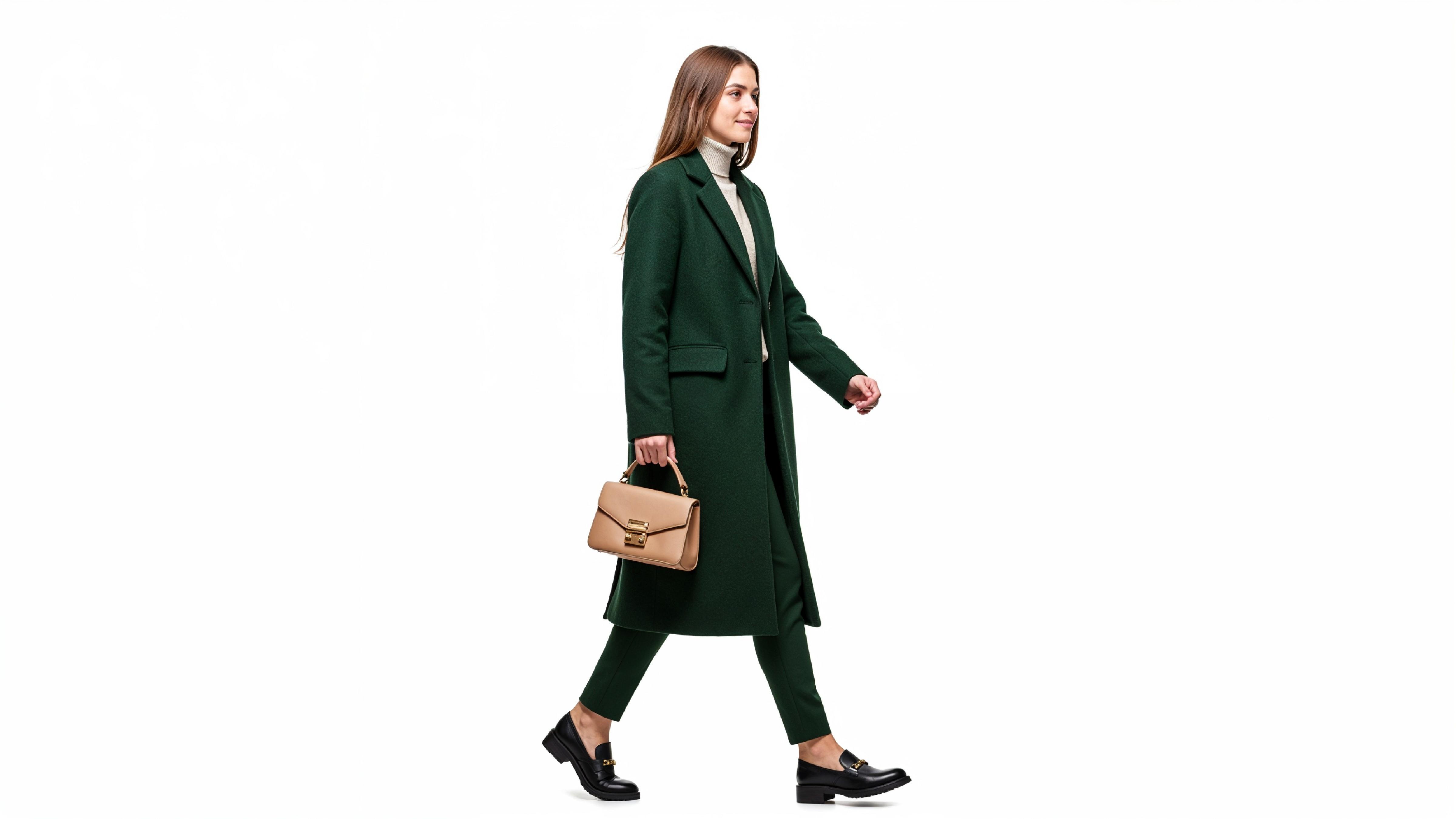 Elegant Woman in Dark Green Coat Walking with Handbag