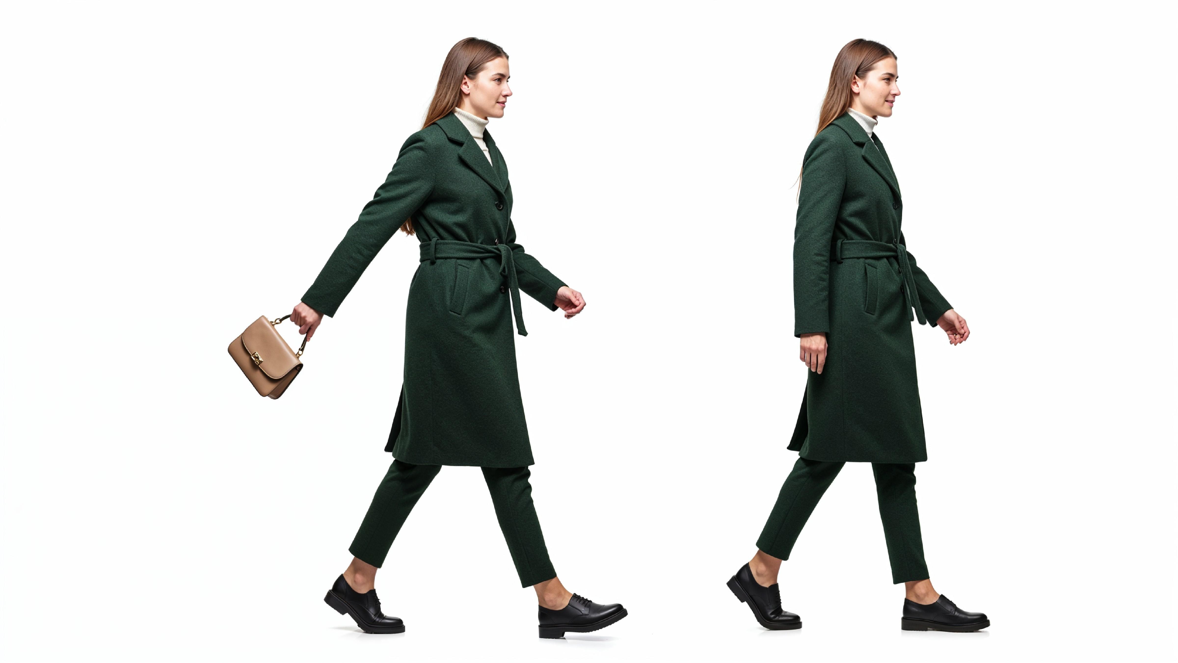 Elegant Woman in Dark Green Coat Walking with Handbag