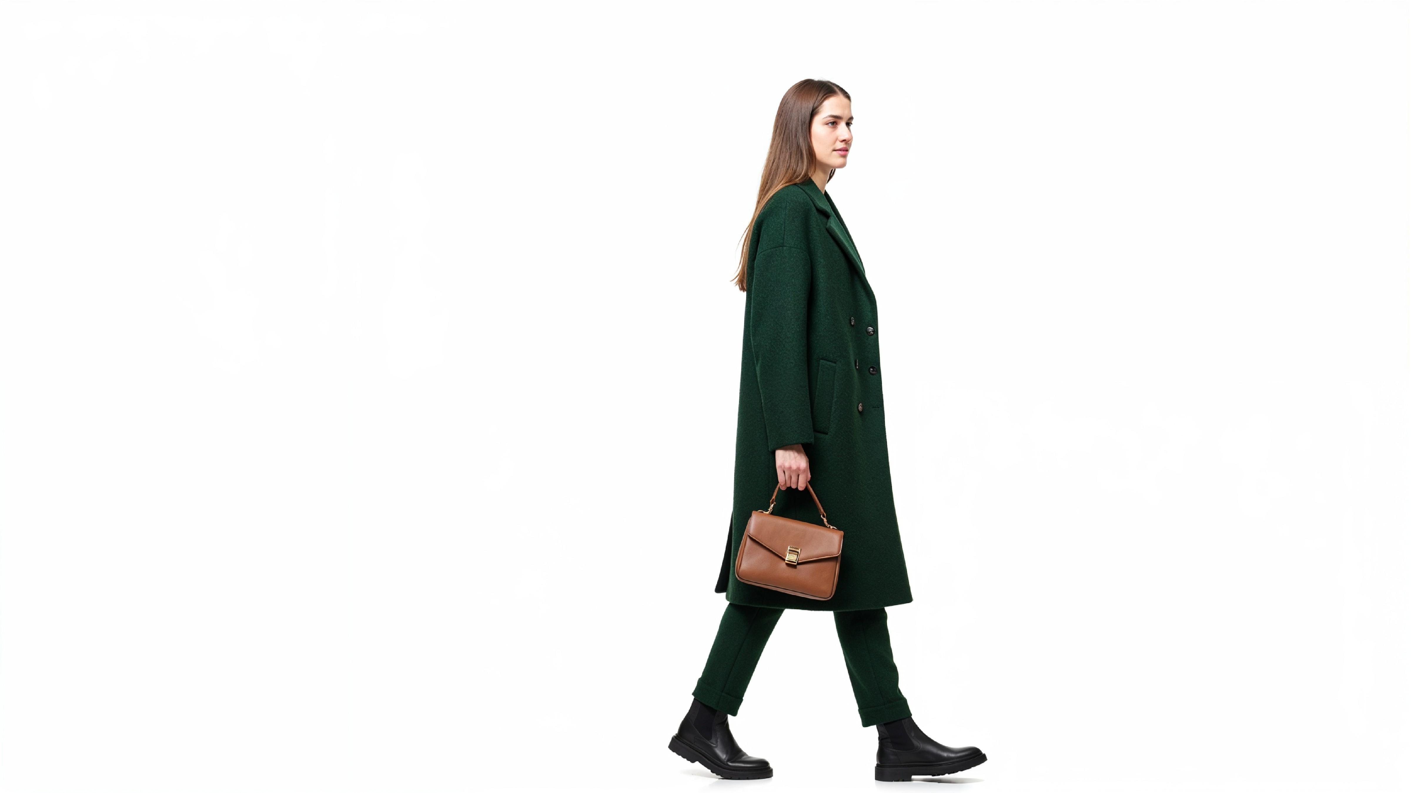 Elegant Woman in Dark Green Coat Walking with Handbag
