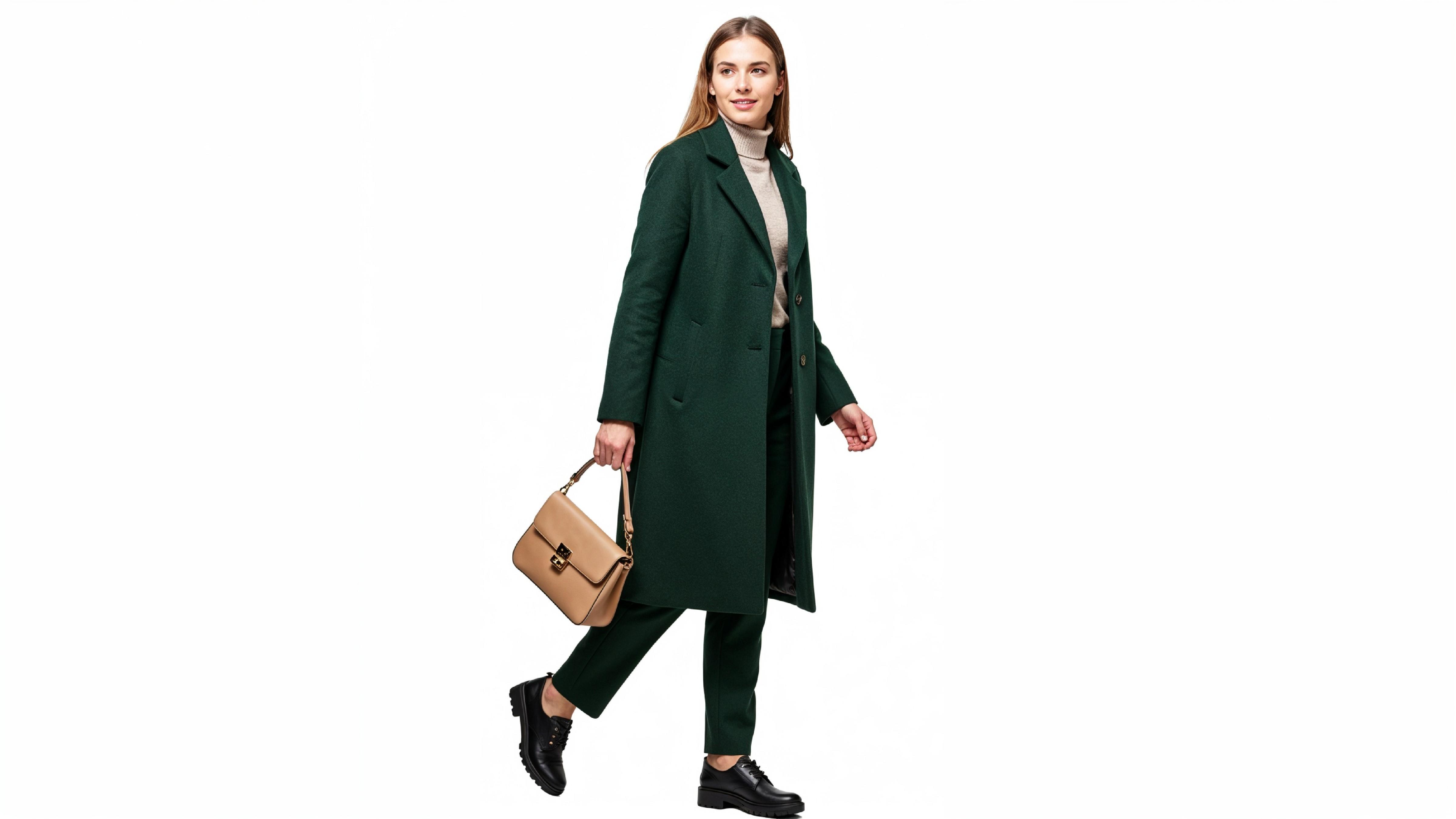 Elegant Woman in Dark Green Coat Walking with Handbag