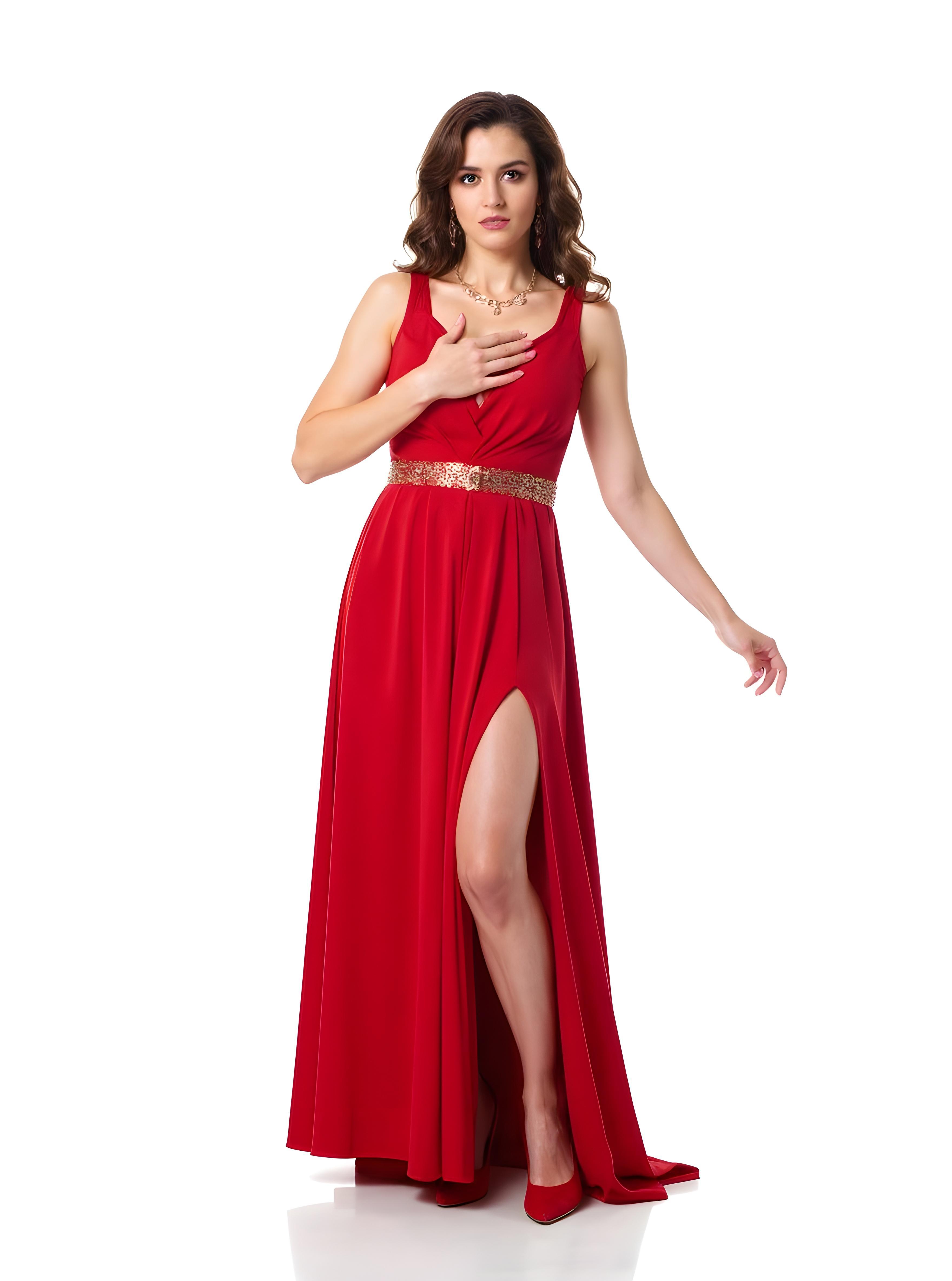Elegant Woman Wearing Red Evening Gown Isolated on White Background