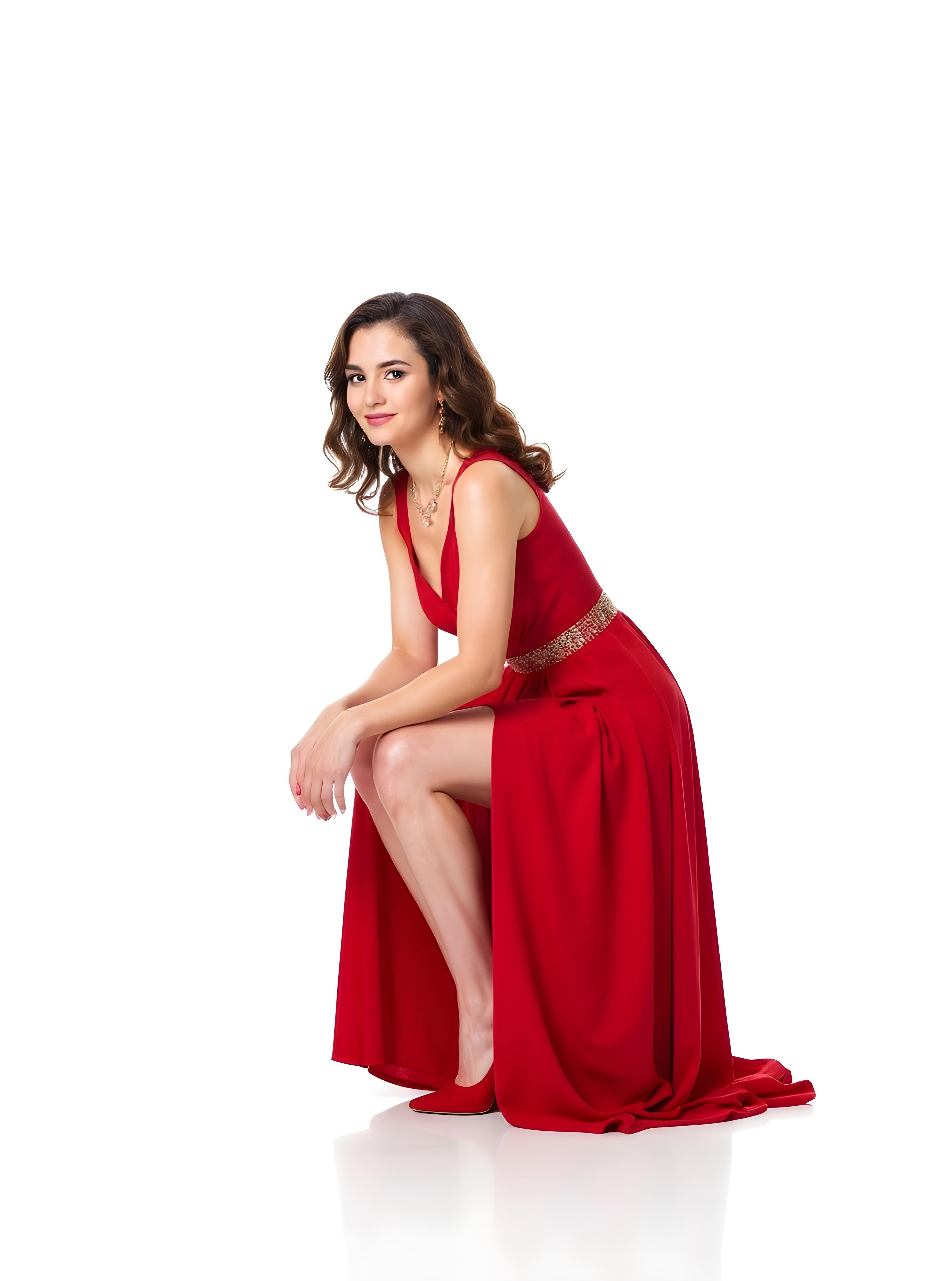 Elegant Woman Wearing Red Evening Gown Isolated on White Background