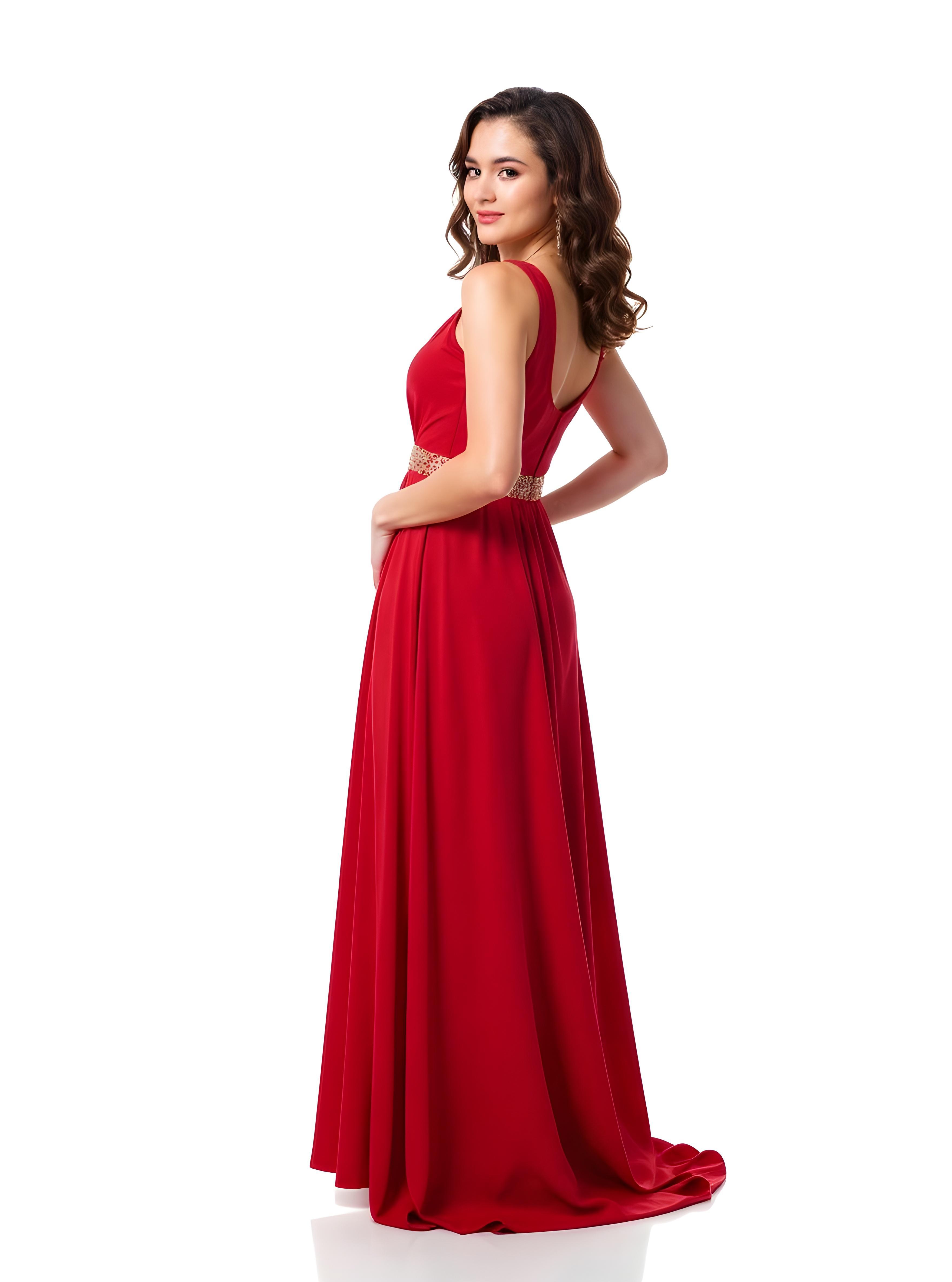 Elegant Woman Wearing Red Evening Gown Isolated on White Background