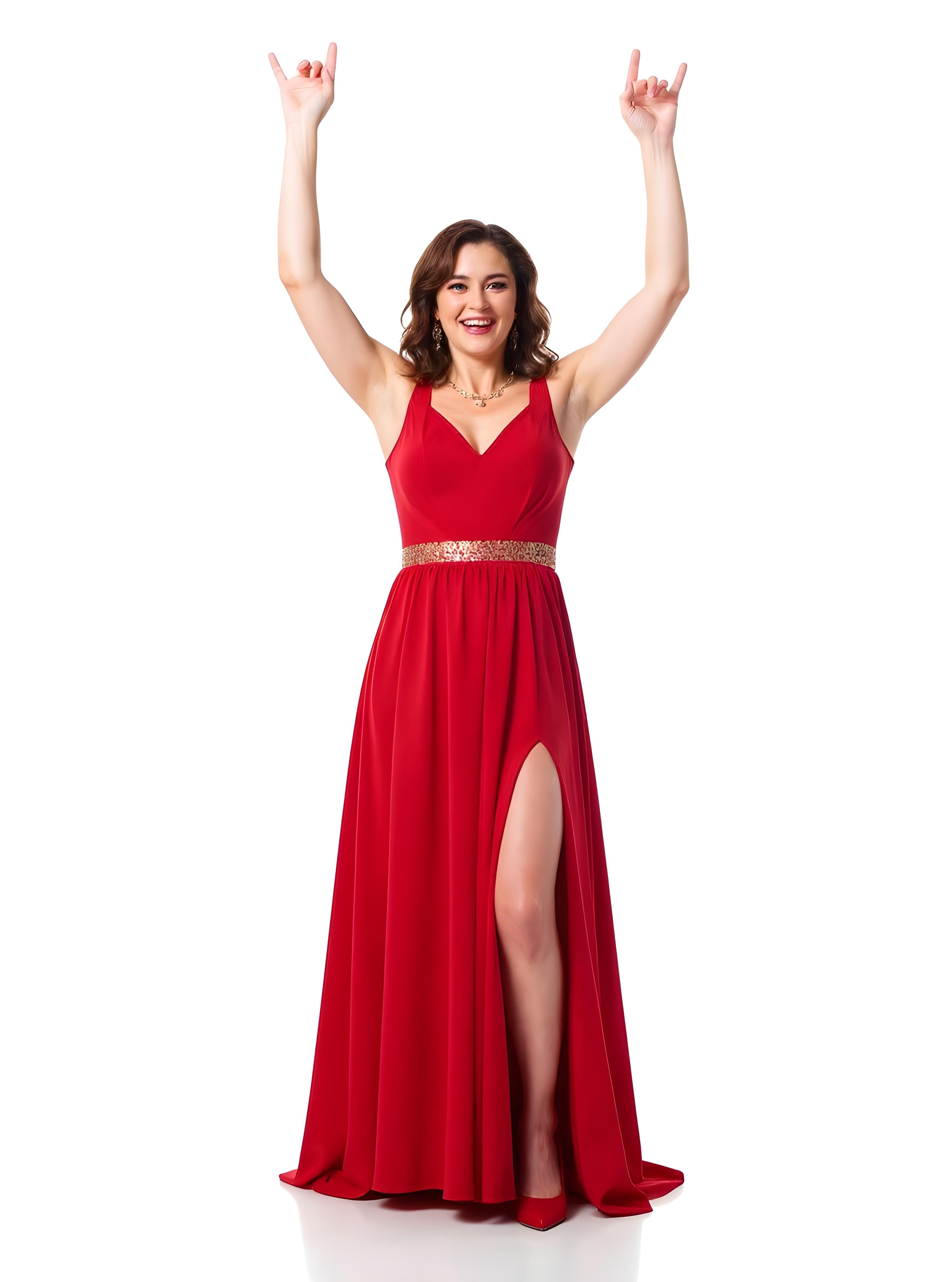 Elegant Woman Wearing Red Evening Gown Isolated on White Background
