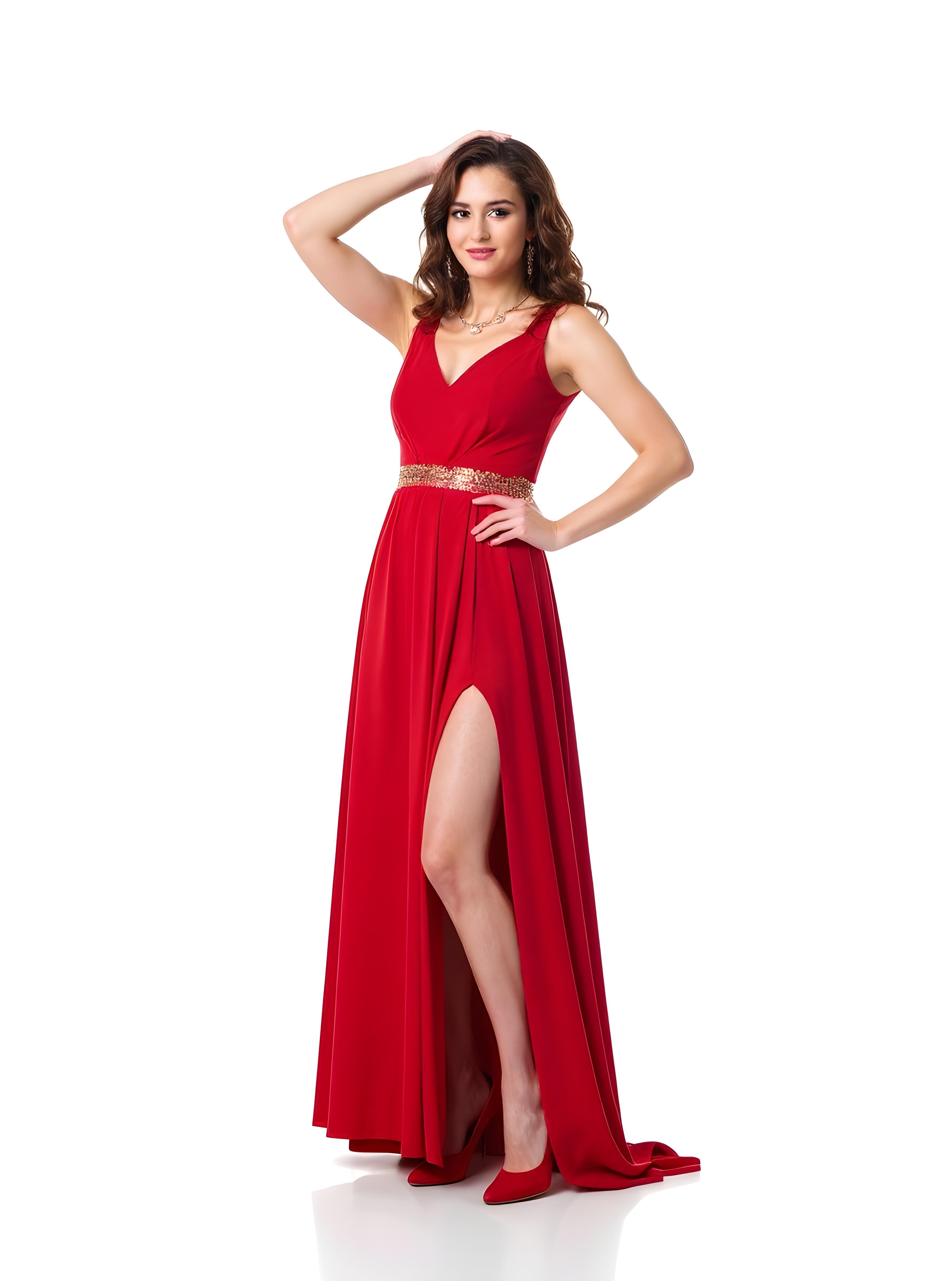 Elegant Woman Wearing Red Evening Gown Isolated on White Background