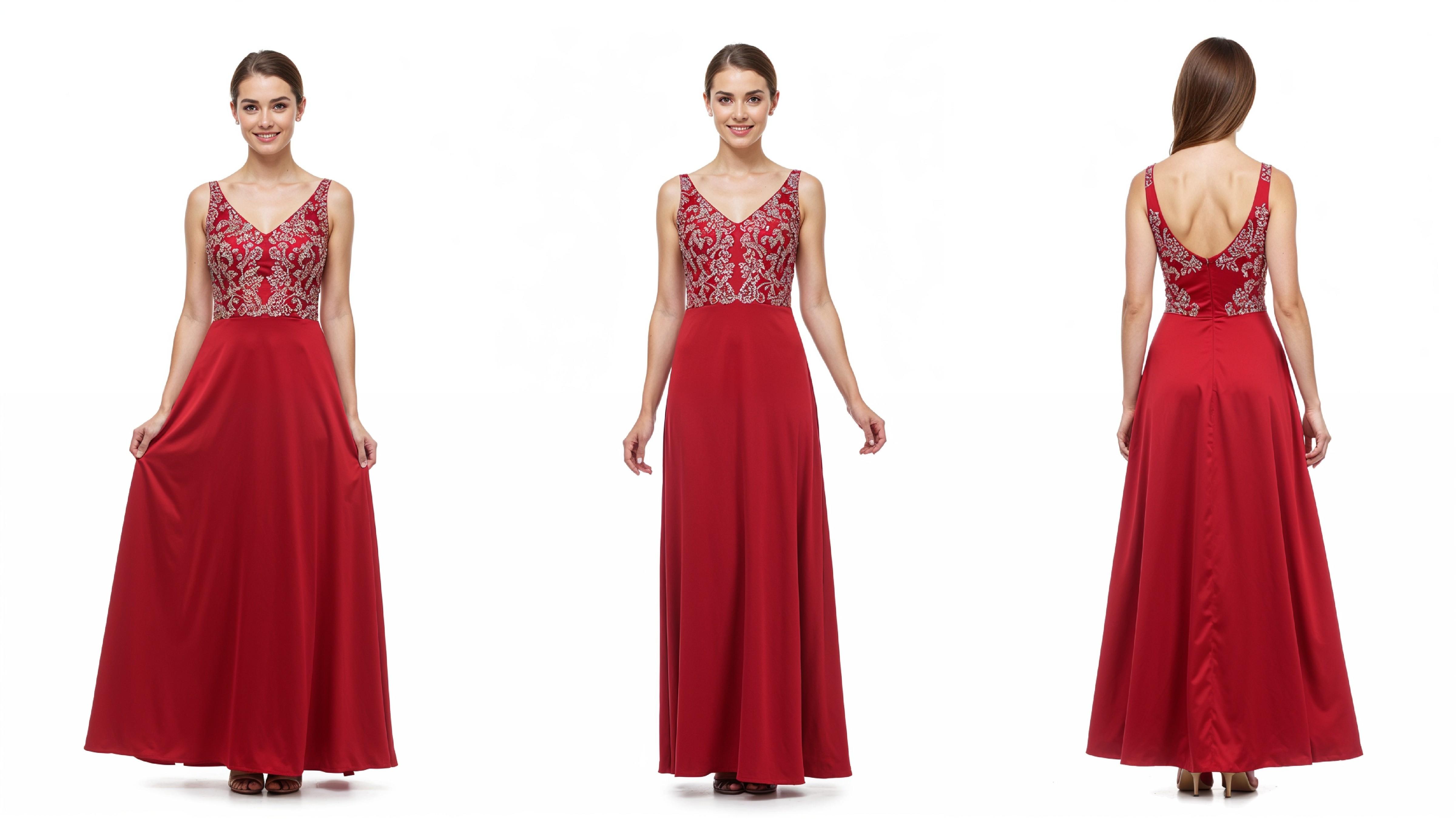 Elegant Young Woman in Flowing Red Evening Gown Fashion Portrait