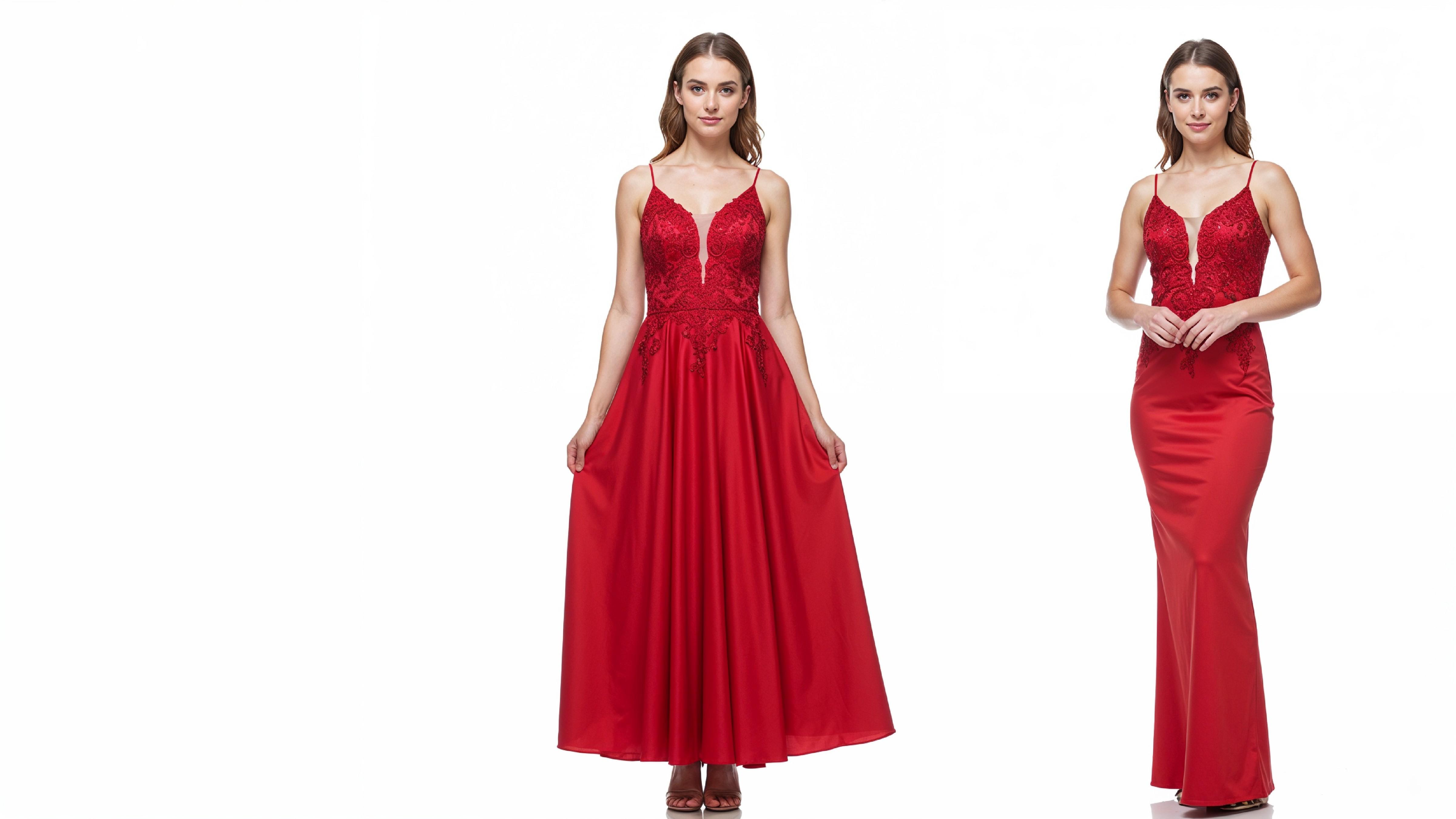 Elegant Young Woman in Flowing Red Evening Gown Fashion Portrait