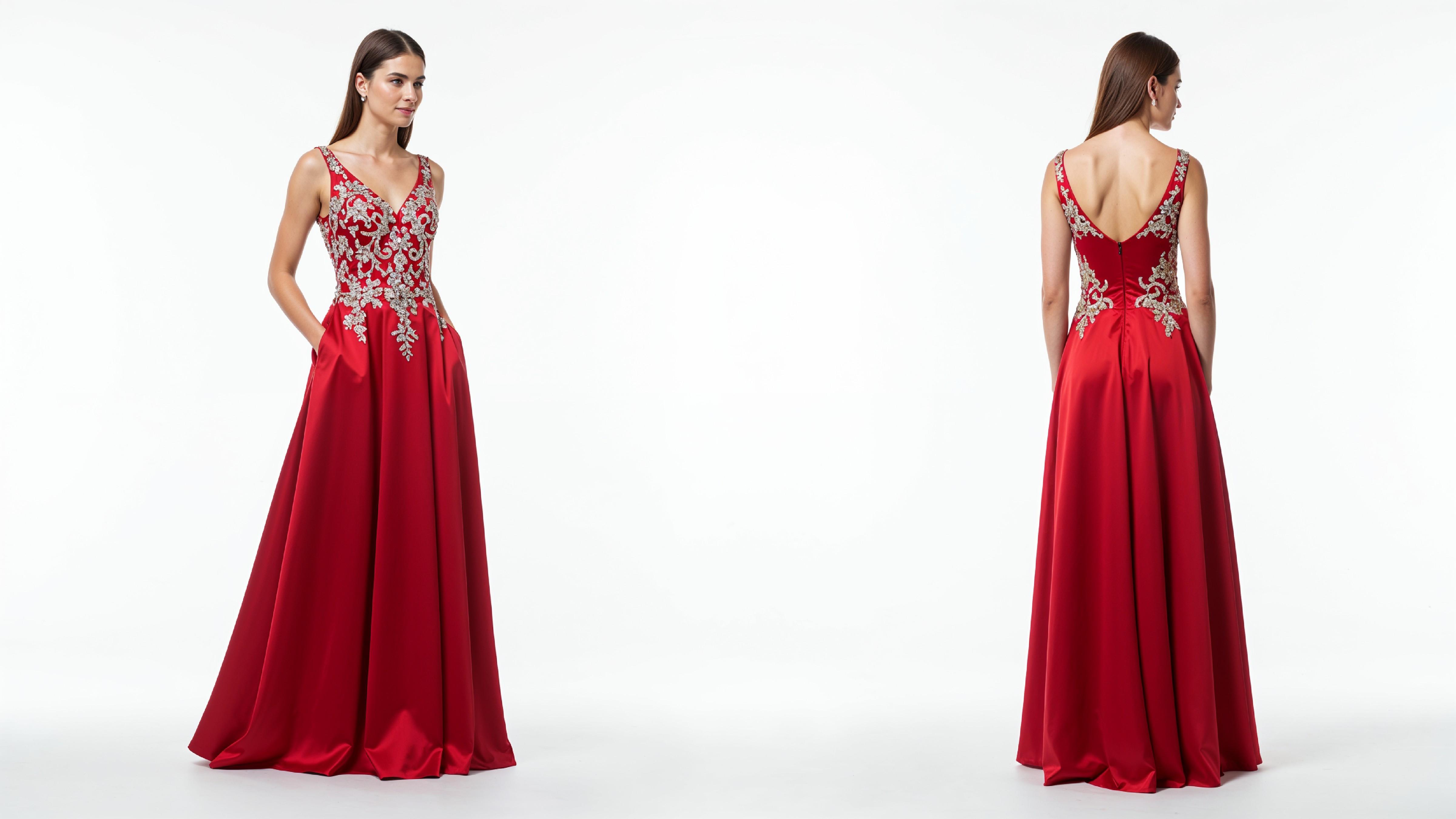 Elegant Young Woman in Flowing Red Evening Gown Fashion Portrait