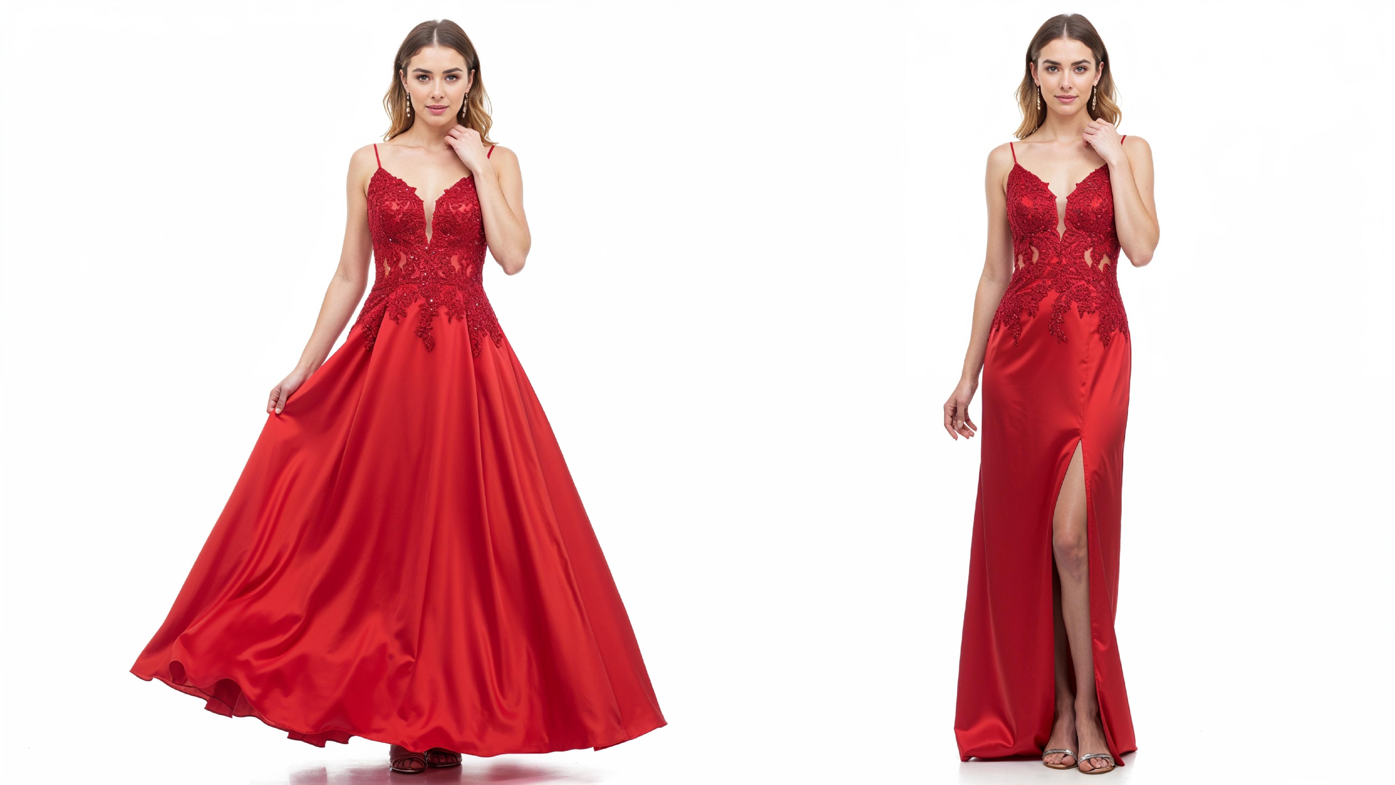 Elegant Young Woman in Flowing Red Evening Gown Fashion Portrait