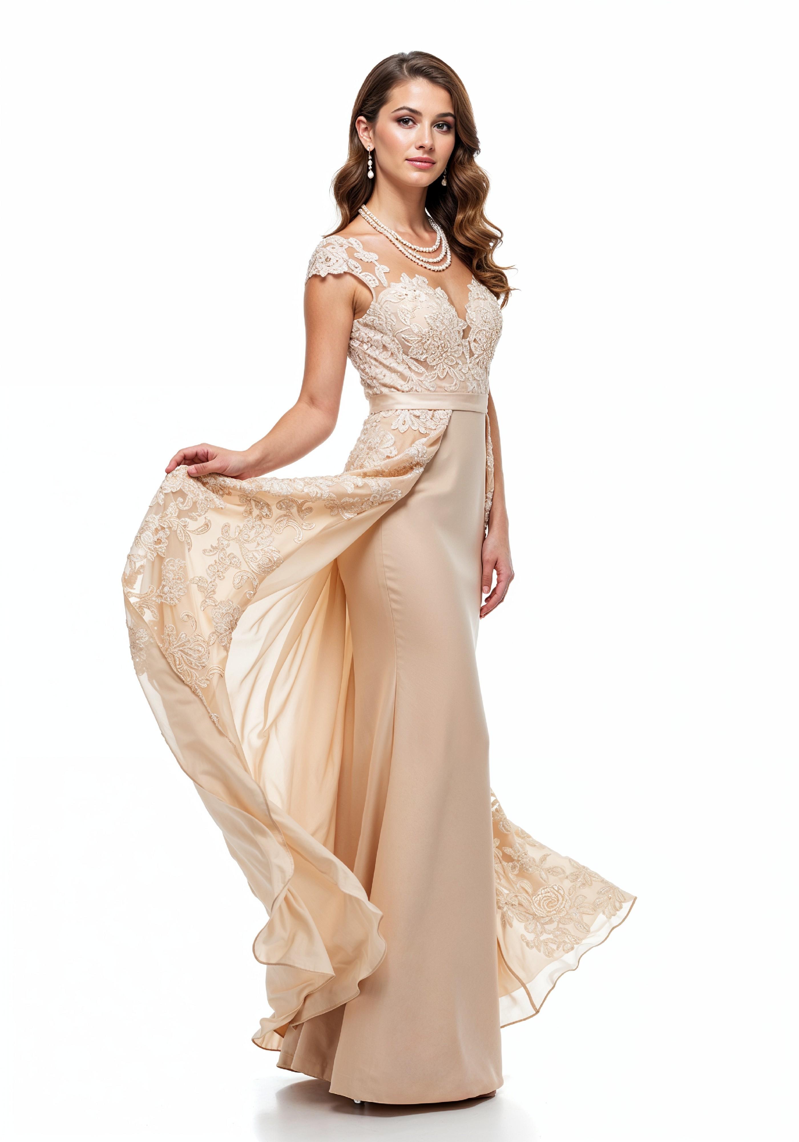 Elegant Young Woman in Luxury Champagne Evening Gown Fashion Portrait