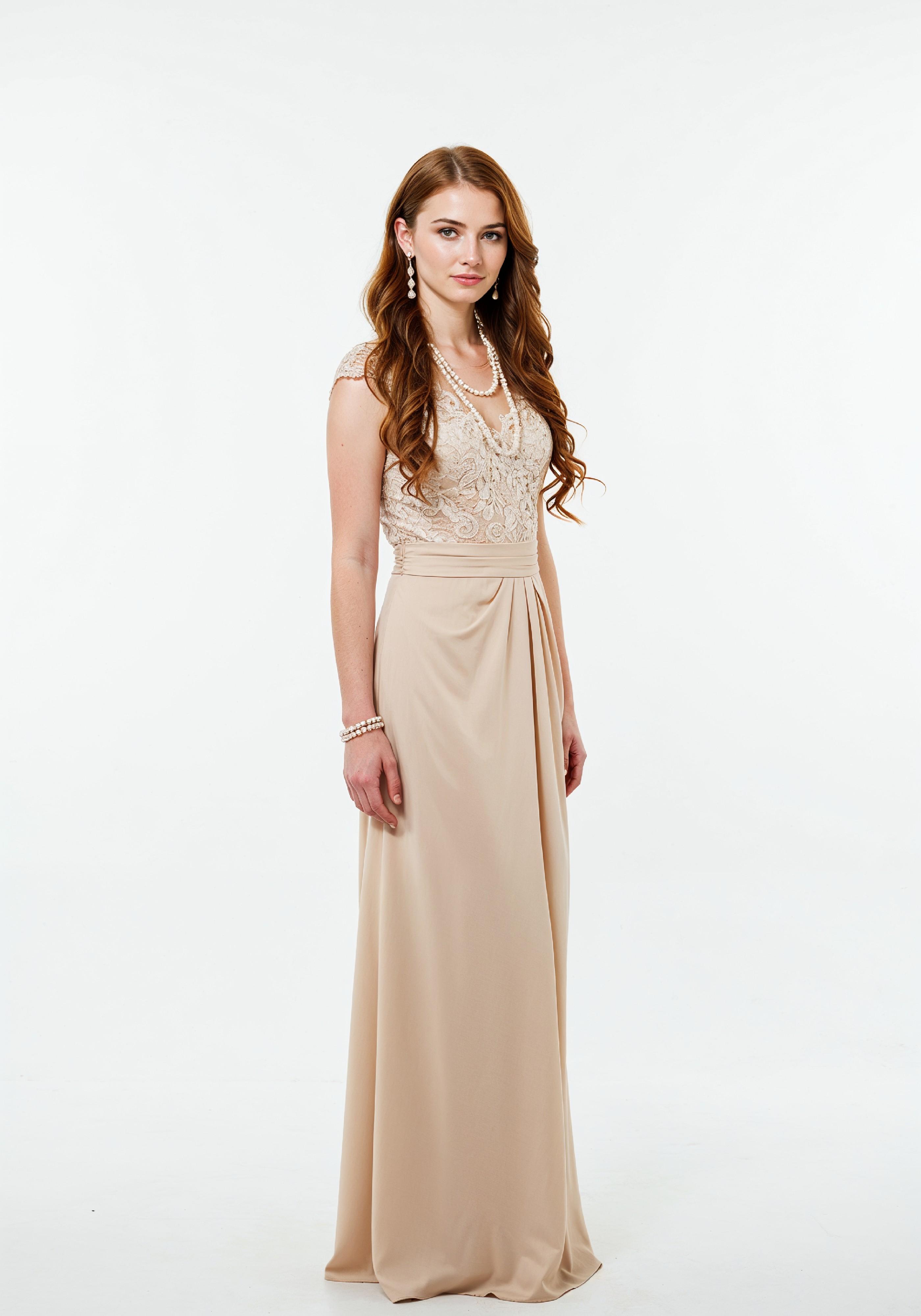 Elegant Young Woman in Luxury Champagne Evening Gown Fashion Portrait