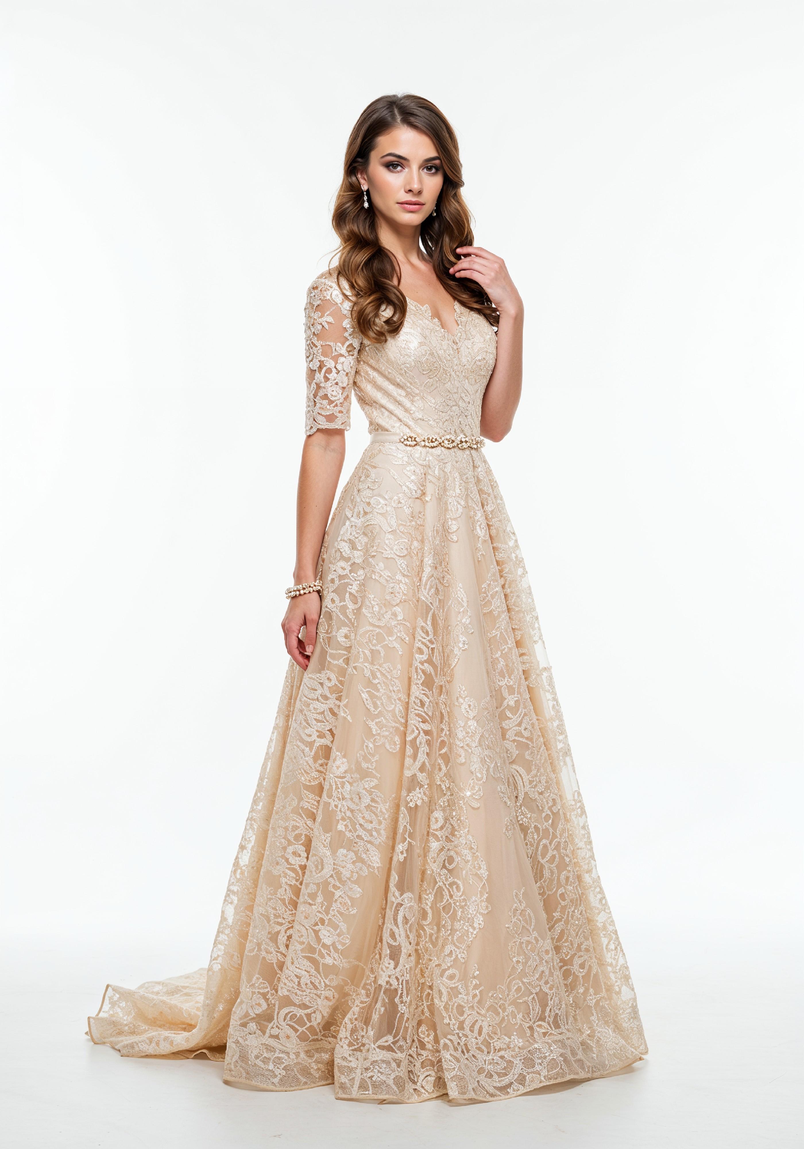 Elegant Young Woman in Luxury Champagne Evening Gown Fashion Portrait