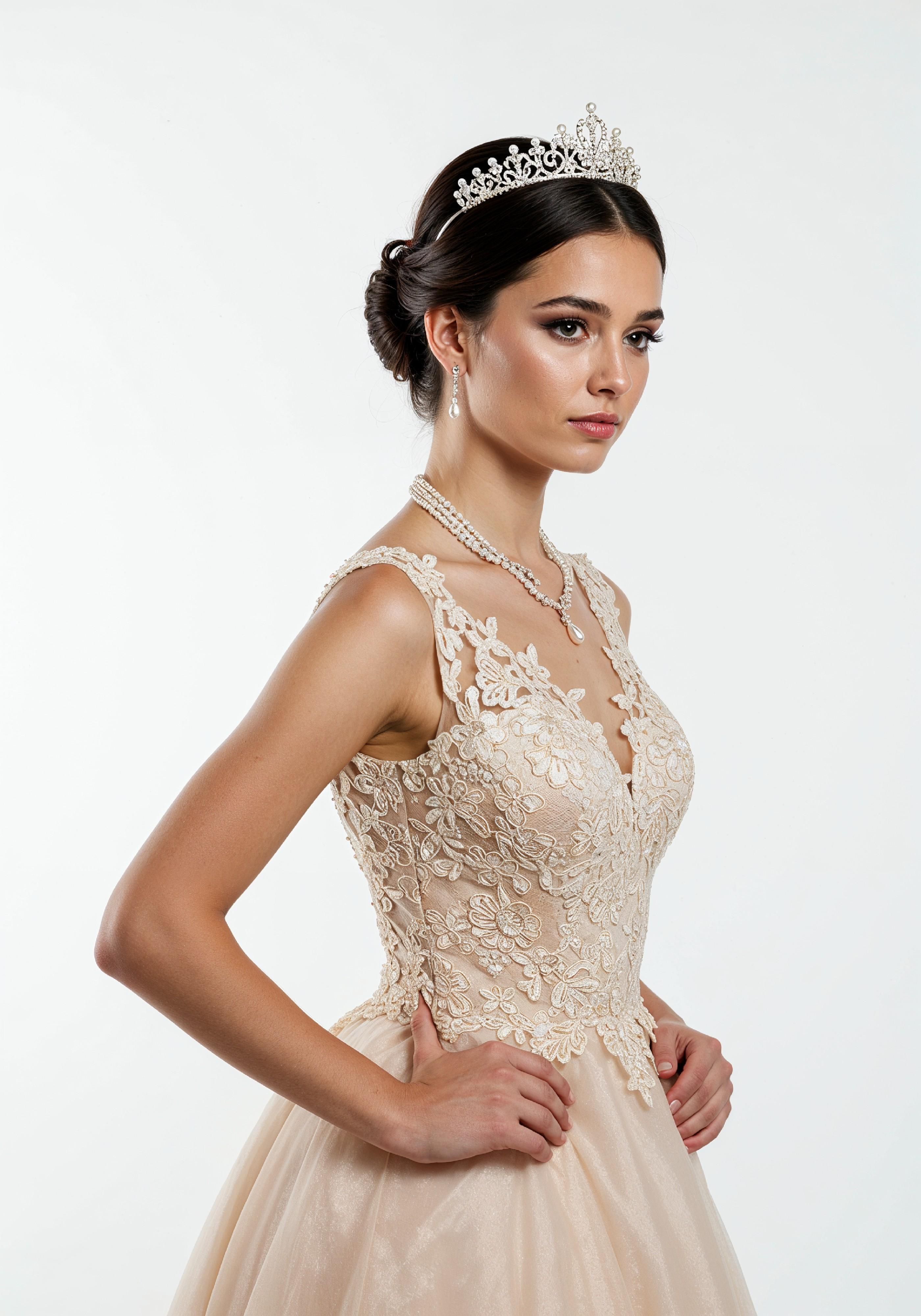 Elegant Young Woman in Luxury Champagne Evening Gown Fashion Portrait