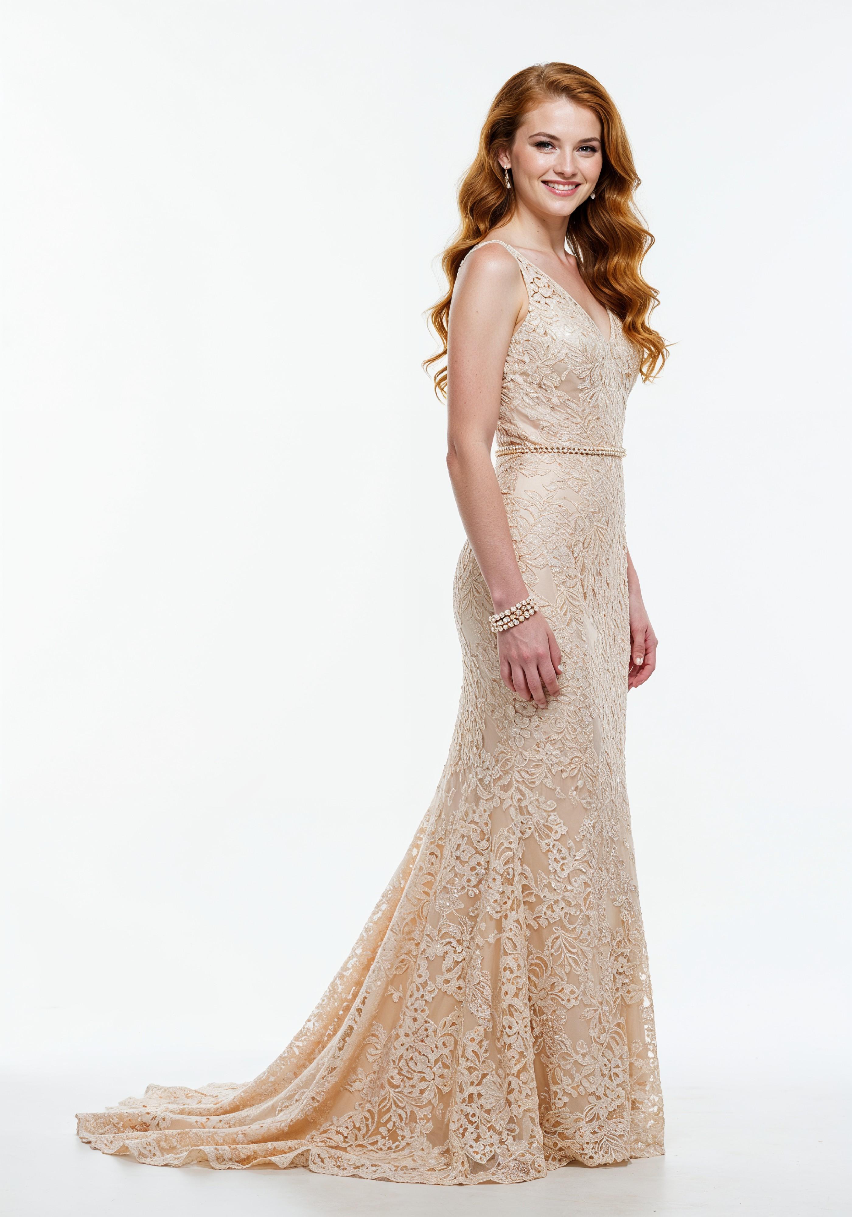 Elegant Young Woman in Luxury Champagne Evening Gown Fashion Portrait