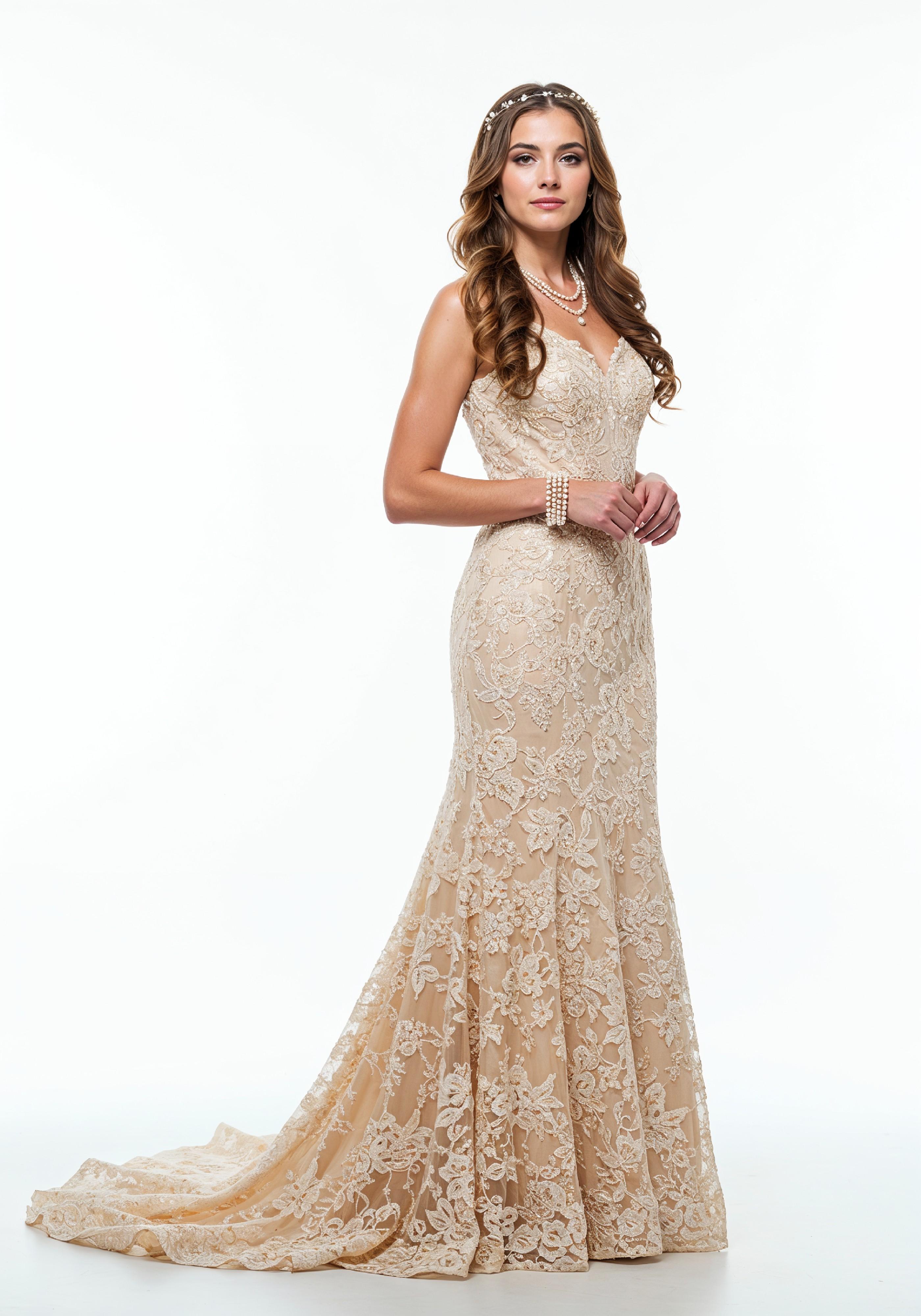 Elegant Young Woman in Luxury Champagne Evening Gown Fashion Portrait
