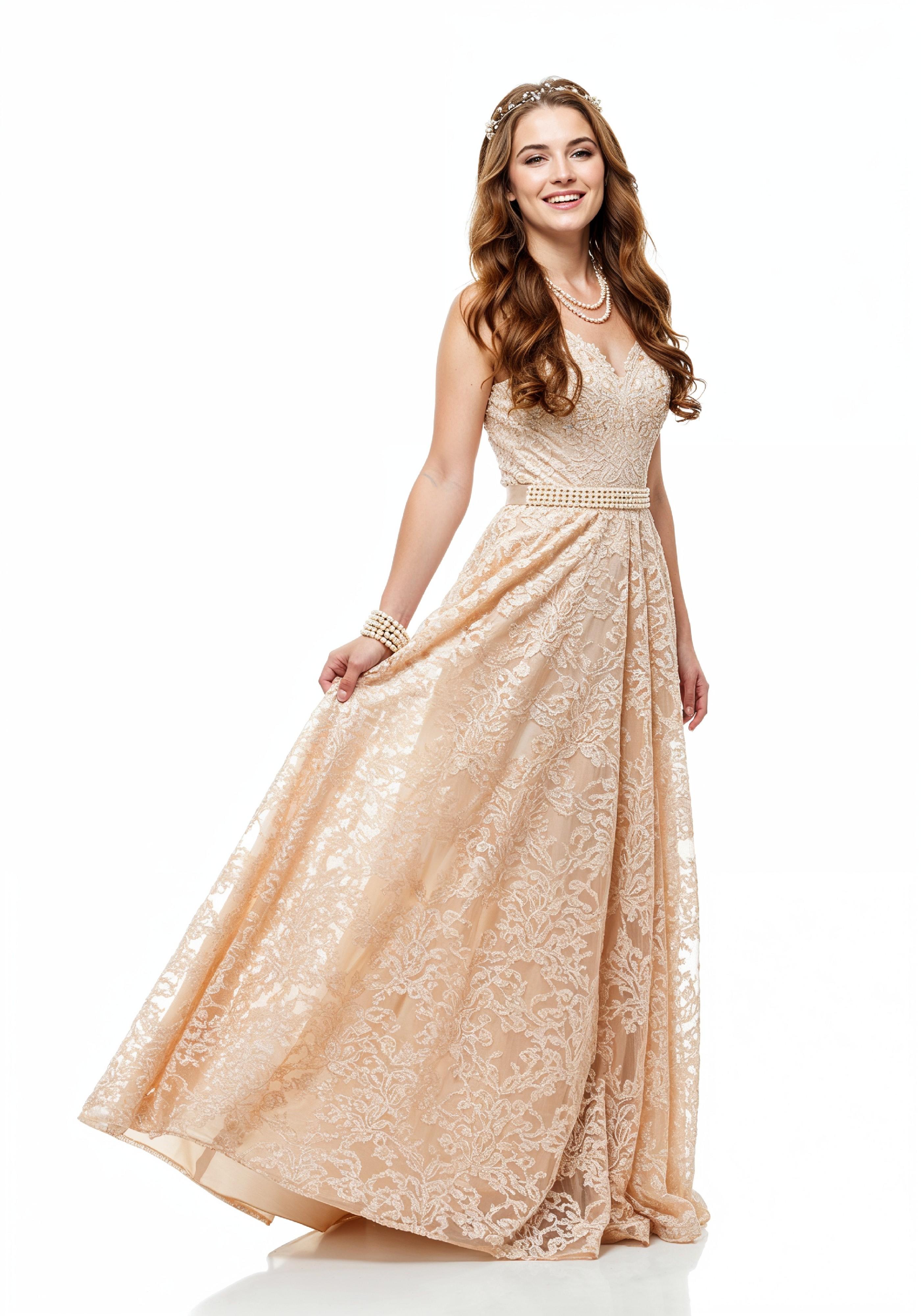 Elegant Young Woman in Luxury Champagne Evening Gown Fashion Portrait