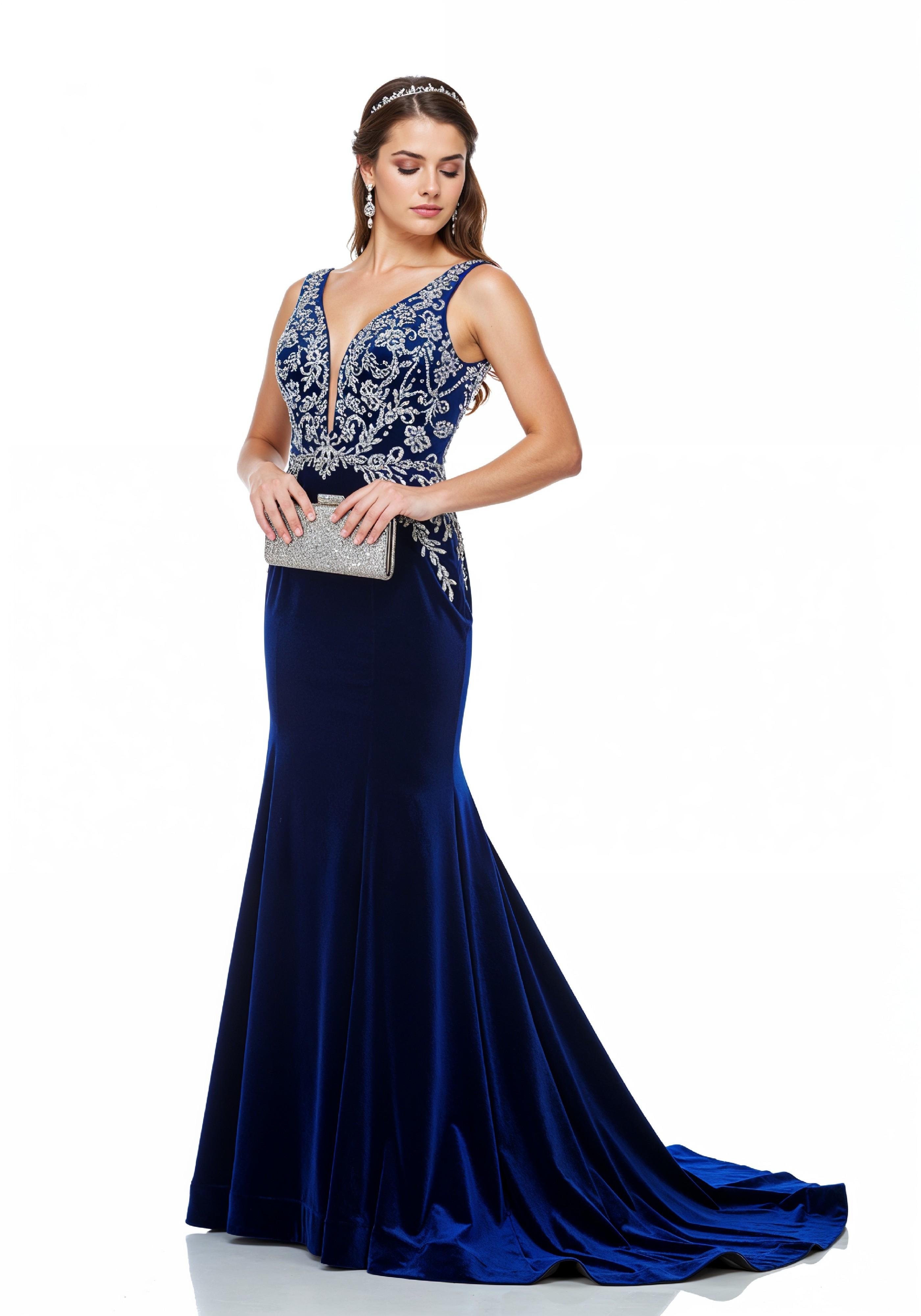 Elegant Young Woman in Luxury Royal Blue Evening Gown Fashion Portrait