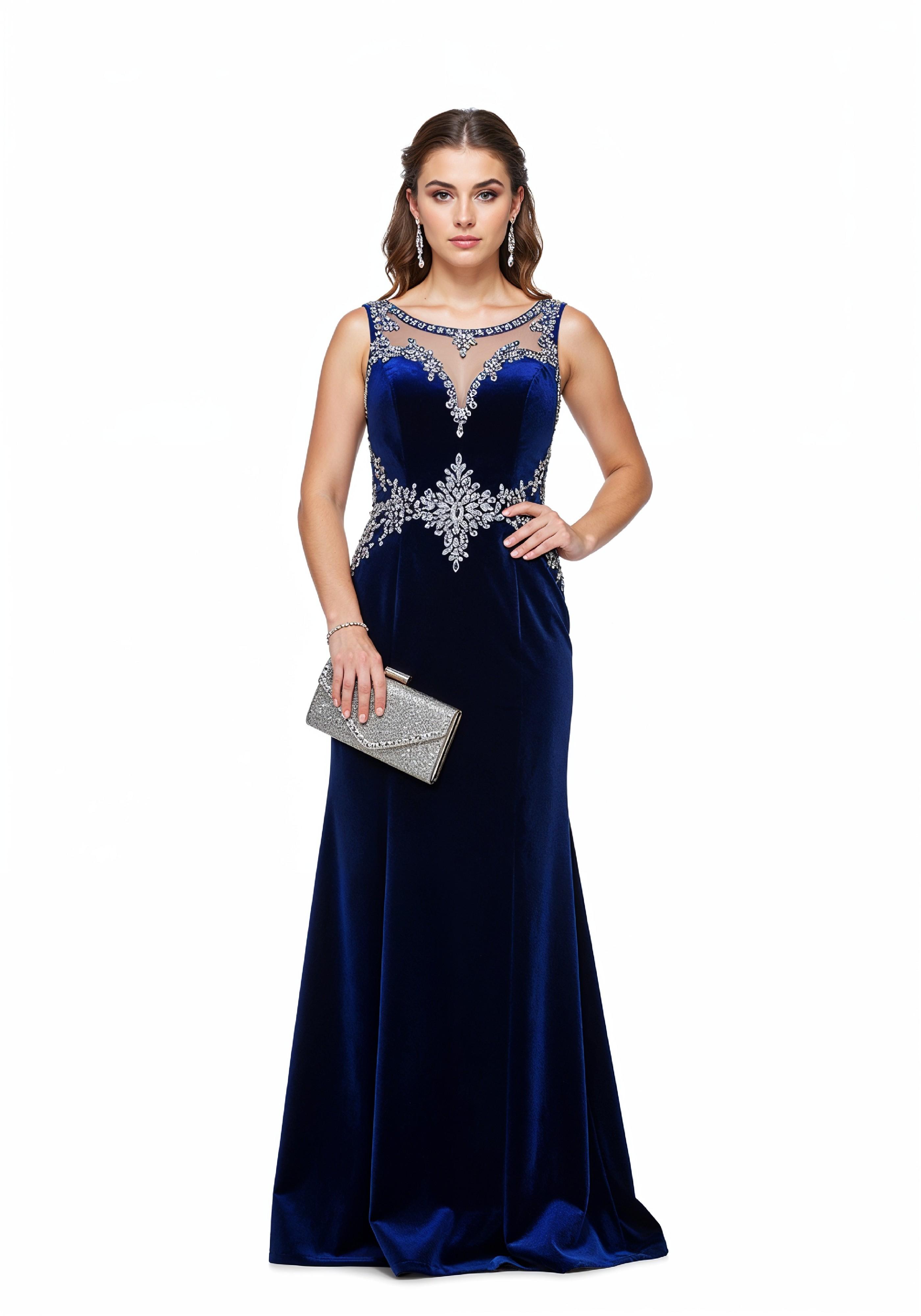 Elegant Young Woman in Luxury Royal Blue Evening Gown Fashion Portrait