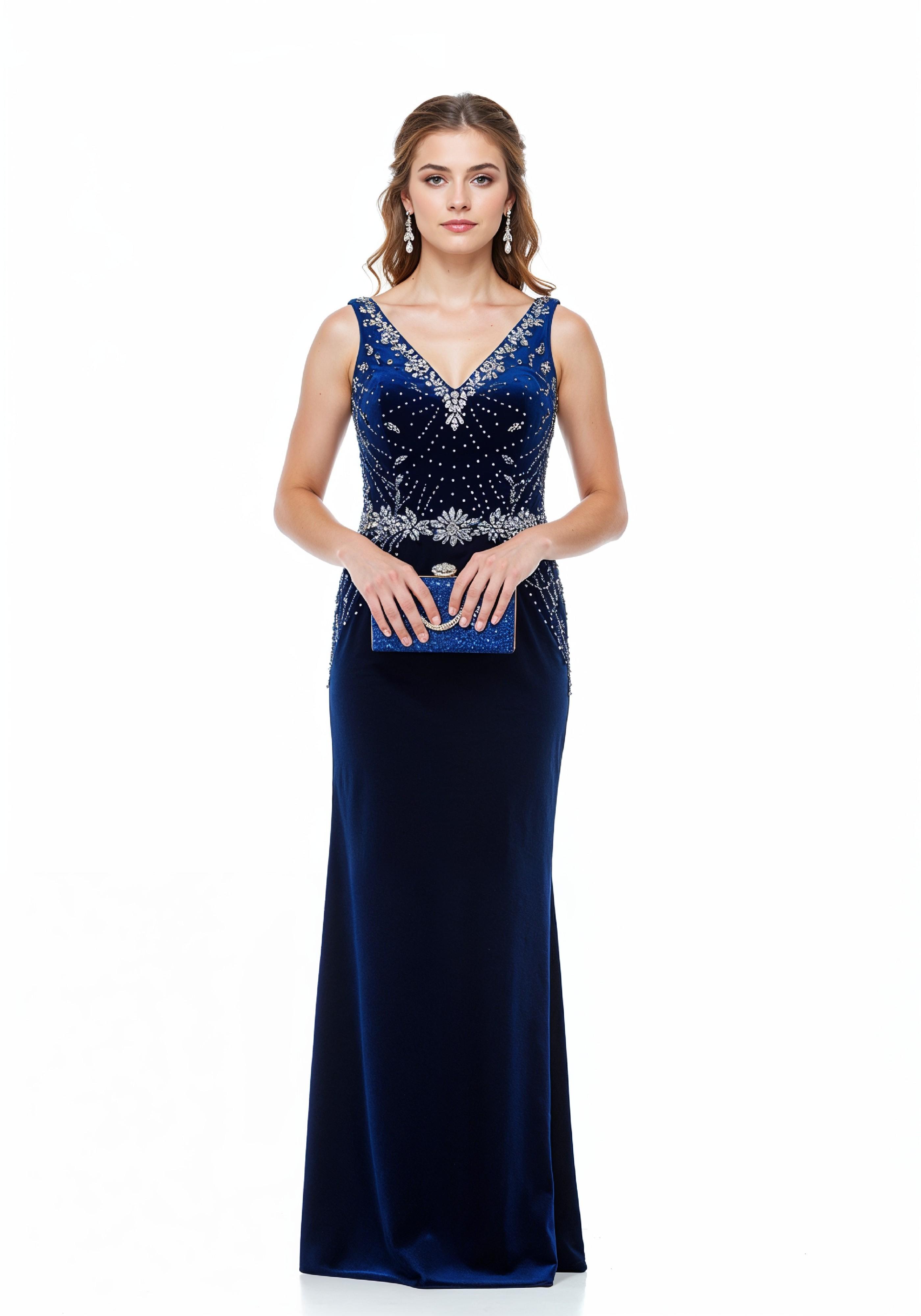 Elegant Young Woman in Luxury Royal Blue Evening Gown Fashion Portrait