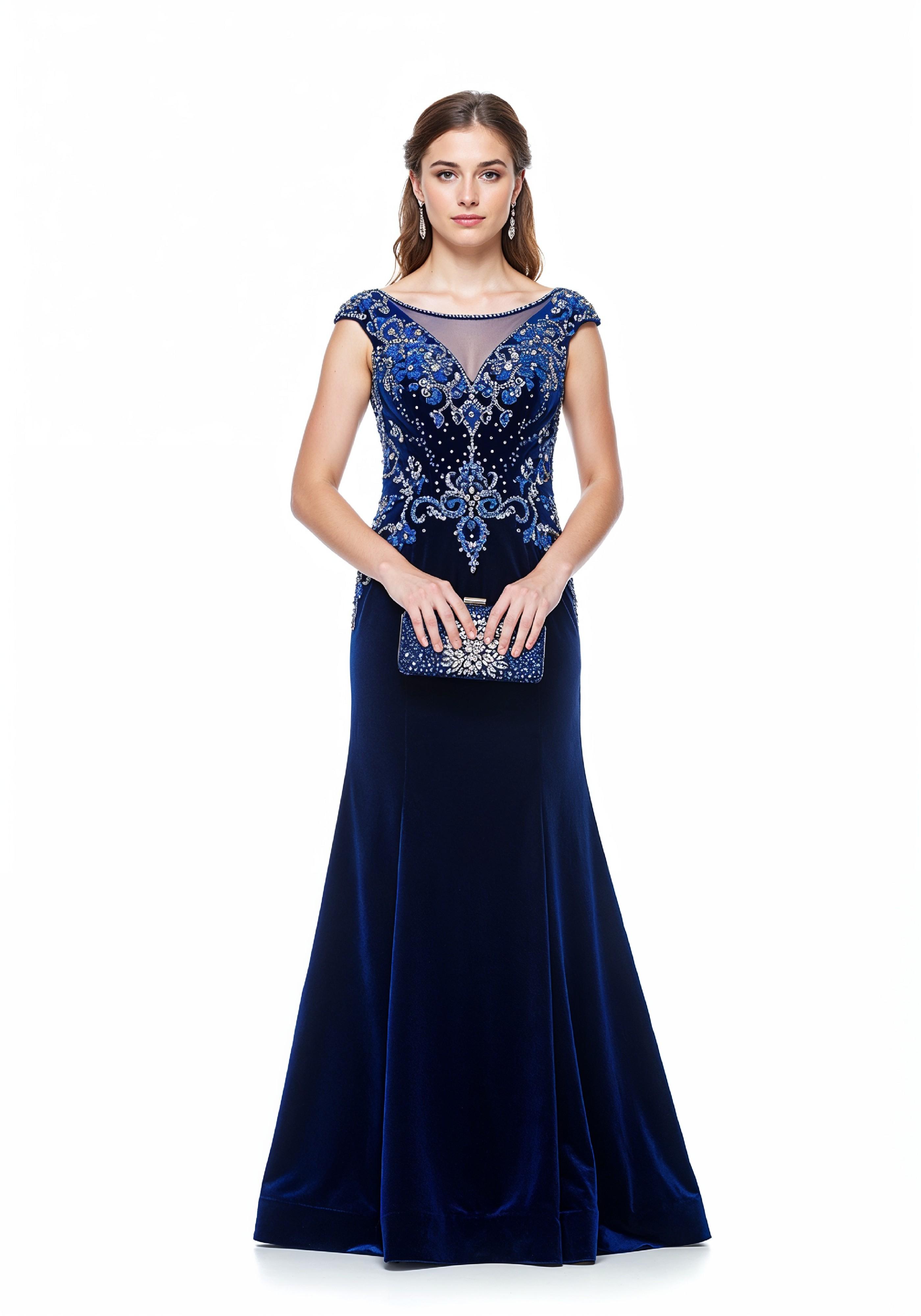 Elegant Young Woman in Luxury Royal Blue Evening Gown Fashion Portrait