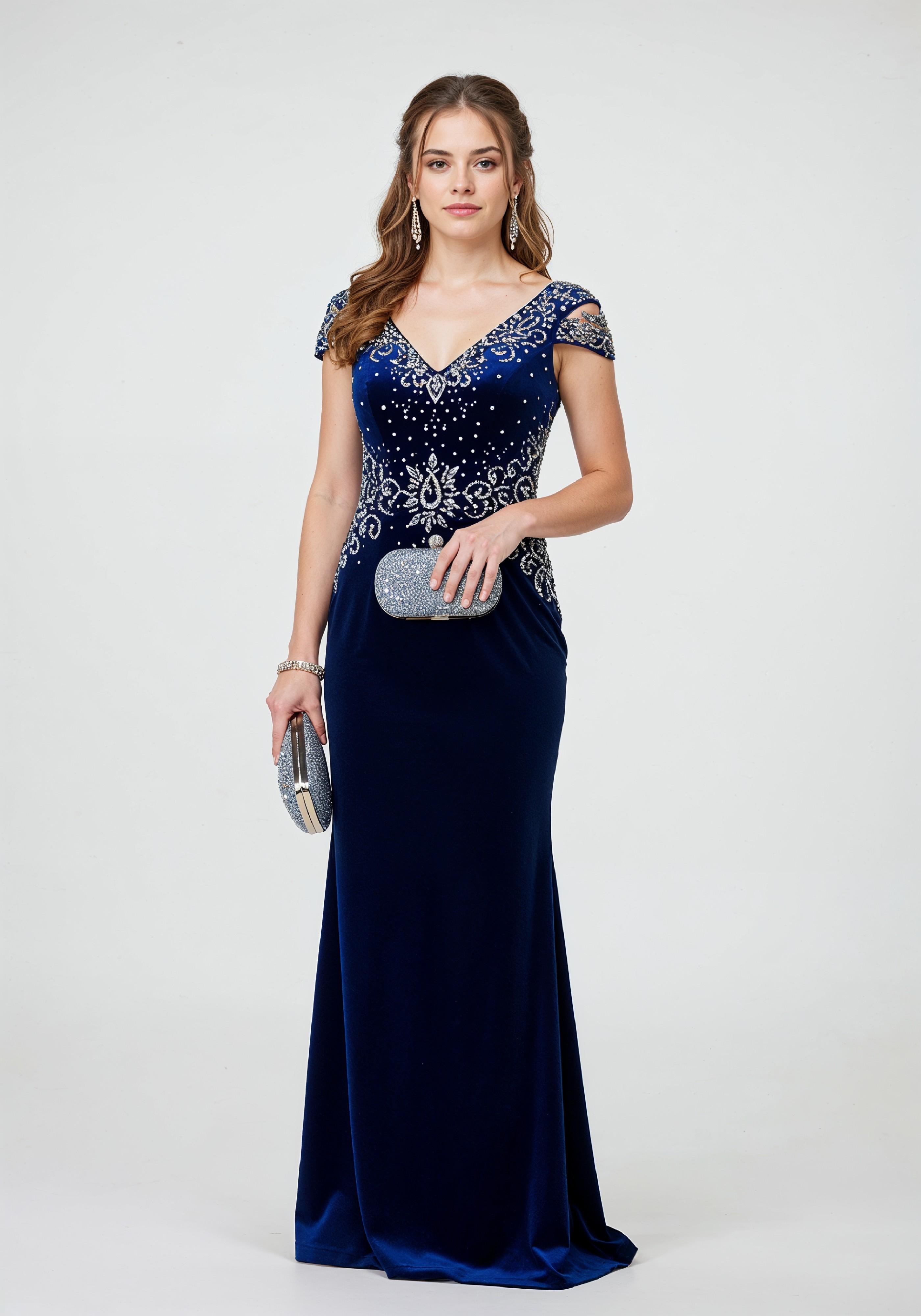 Elegant Young Woman in Luxury Royal Blue Evening Gown Fashion Portrait