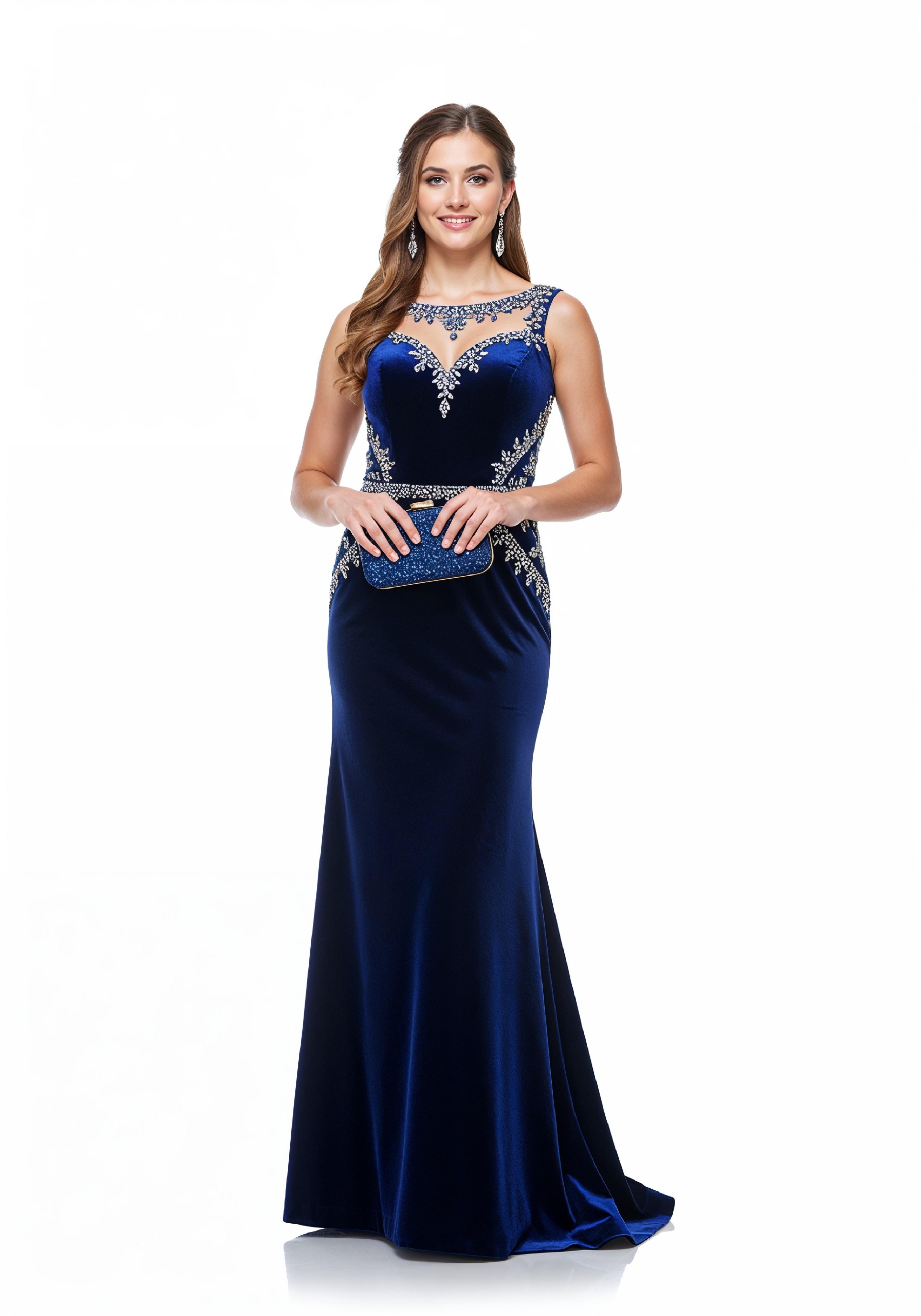 Elegant Young Woman in Luxury Royal Blue Evening Gown Fashion Portrait