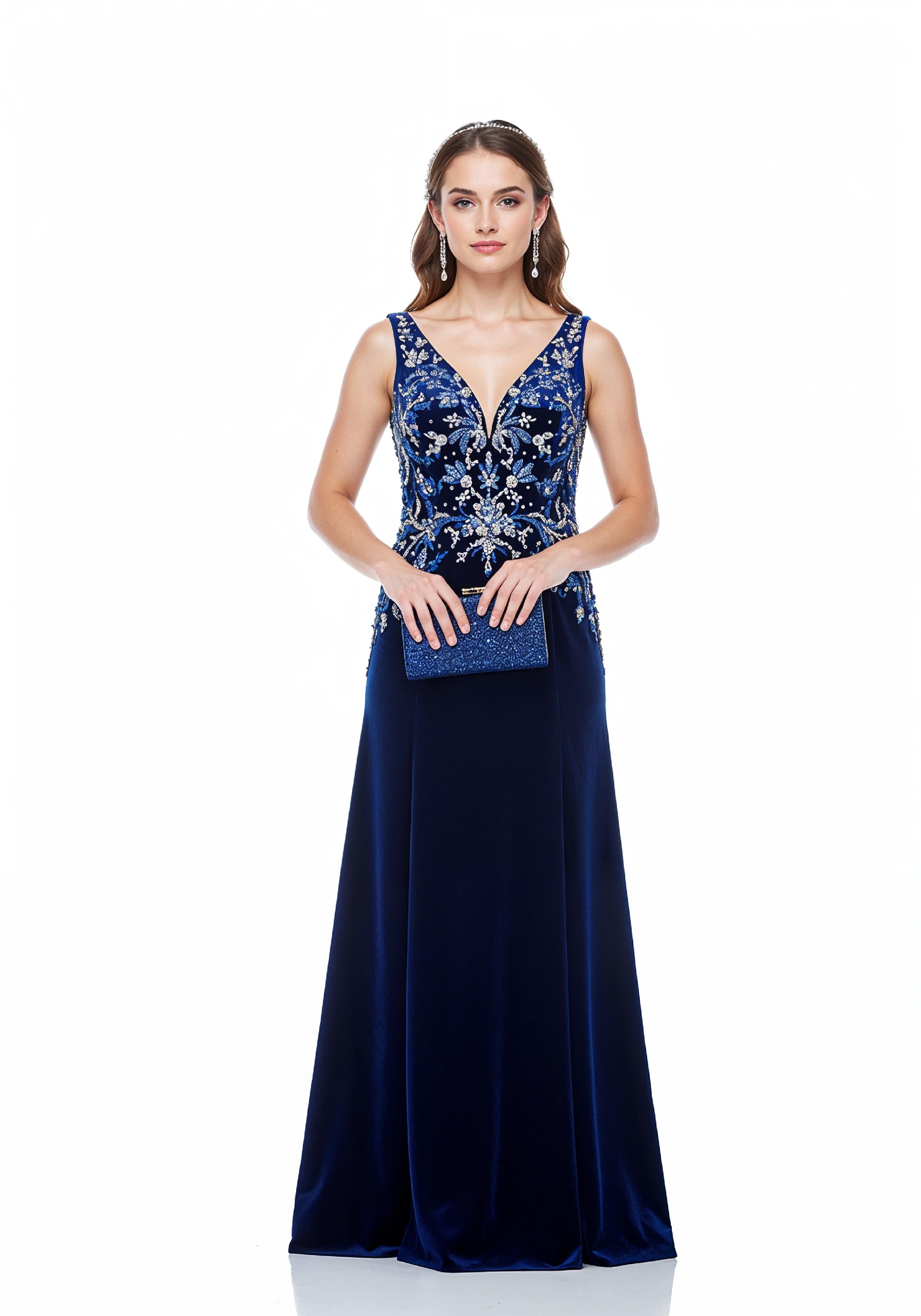 Elegant Young Woman in Luxury Royal Blue Evening Gown Fashion Portrait