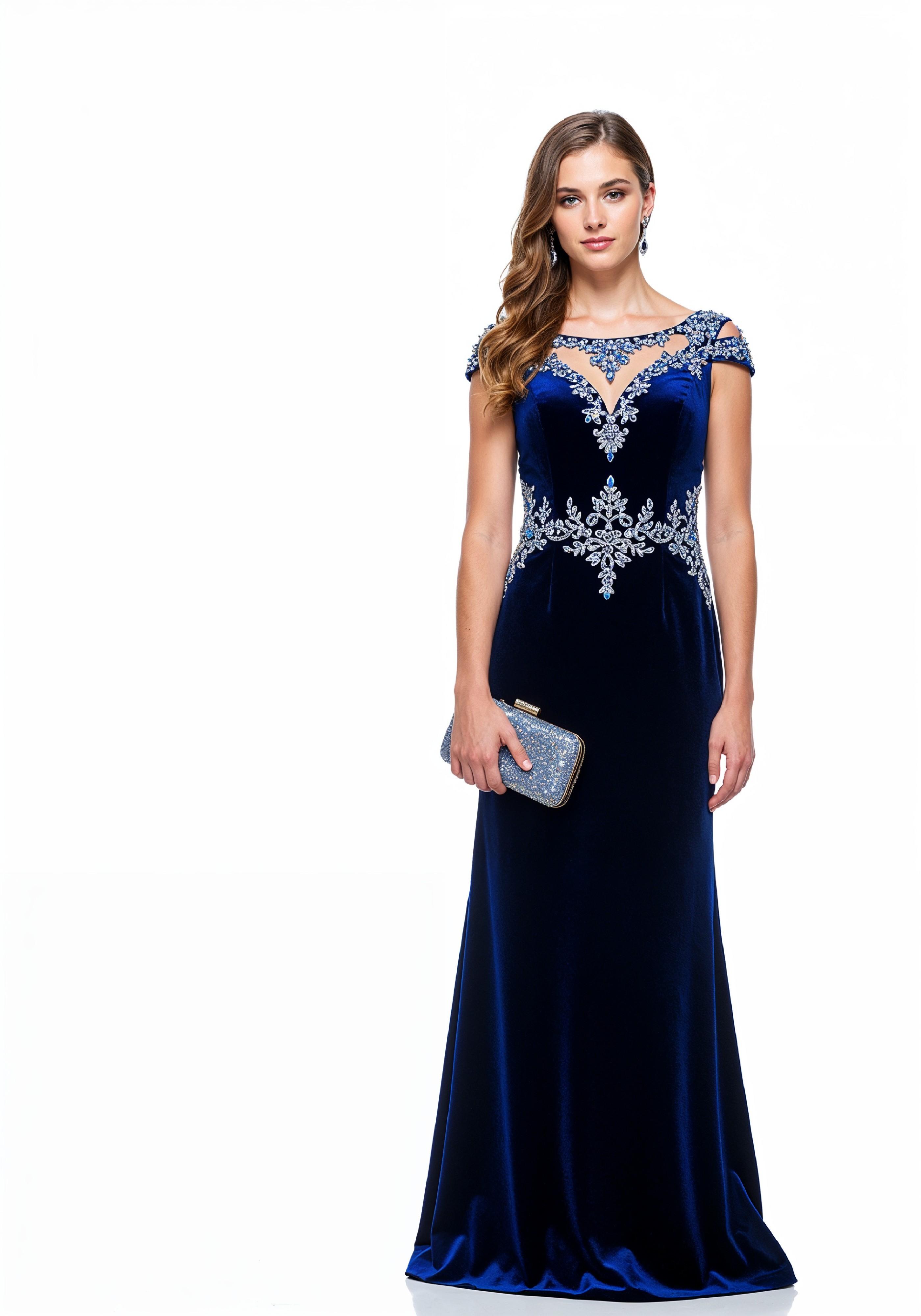 Elegant Young Woman in Luxury Royal Blue Evening Gown Fashion Portrait