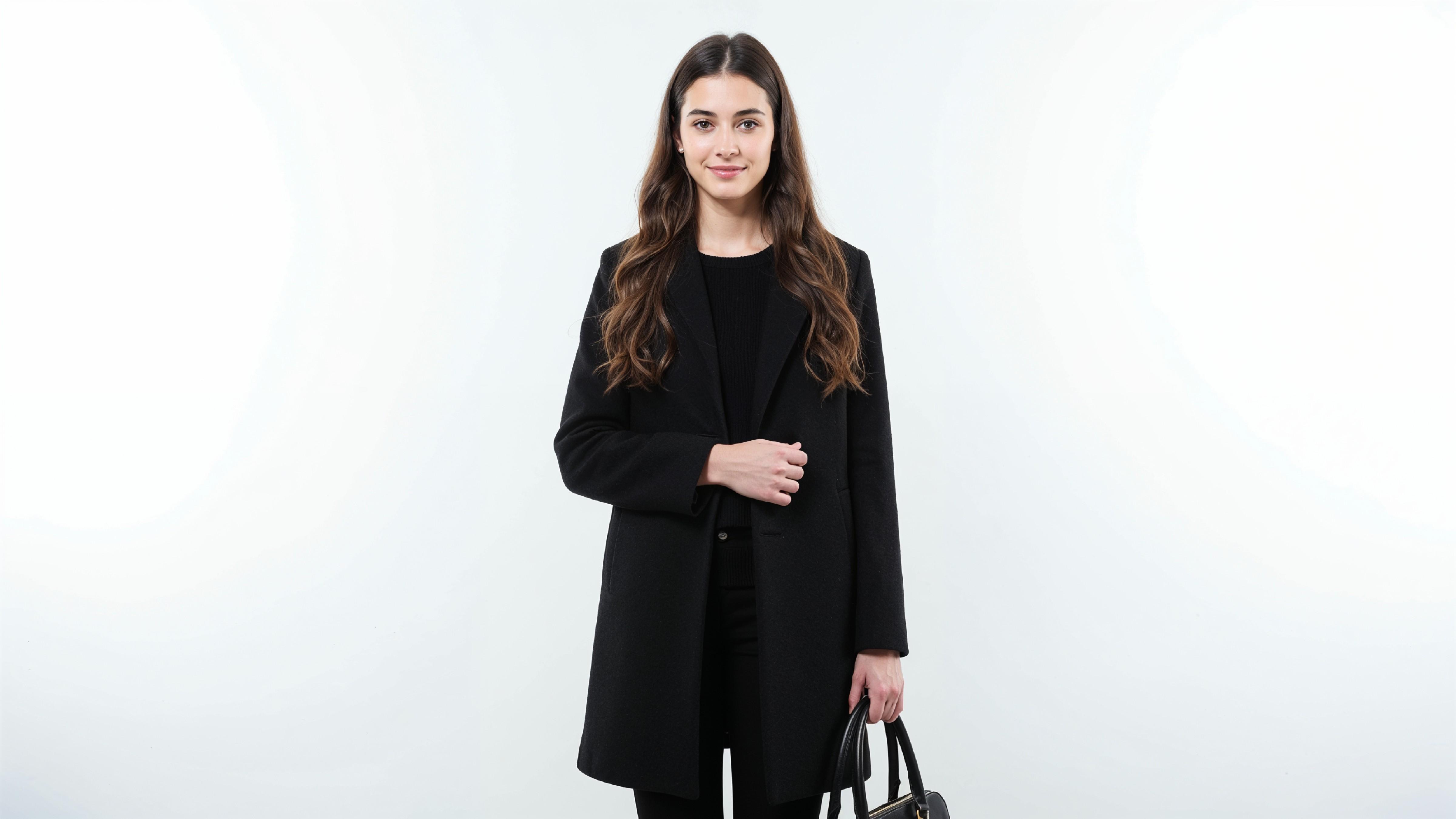 Elegant Young Woman in Modern Black Coat with Luxury Handbag