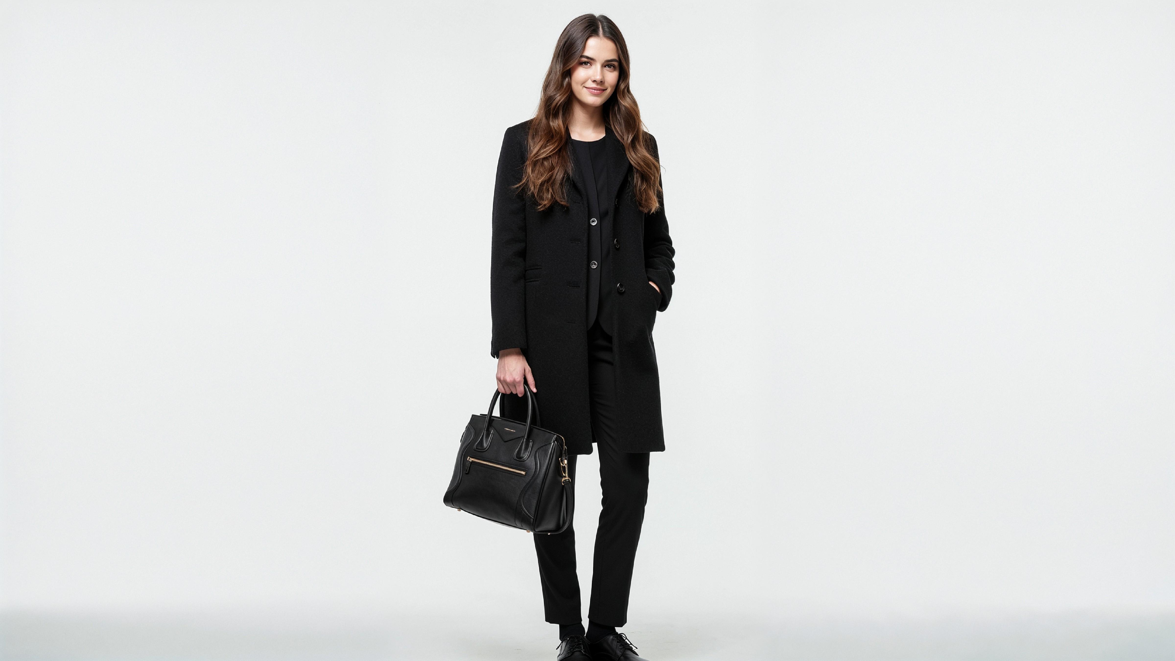Elegant Young Woman in Modern Black Coat with Luxury Handbag