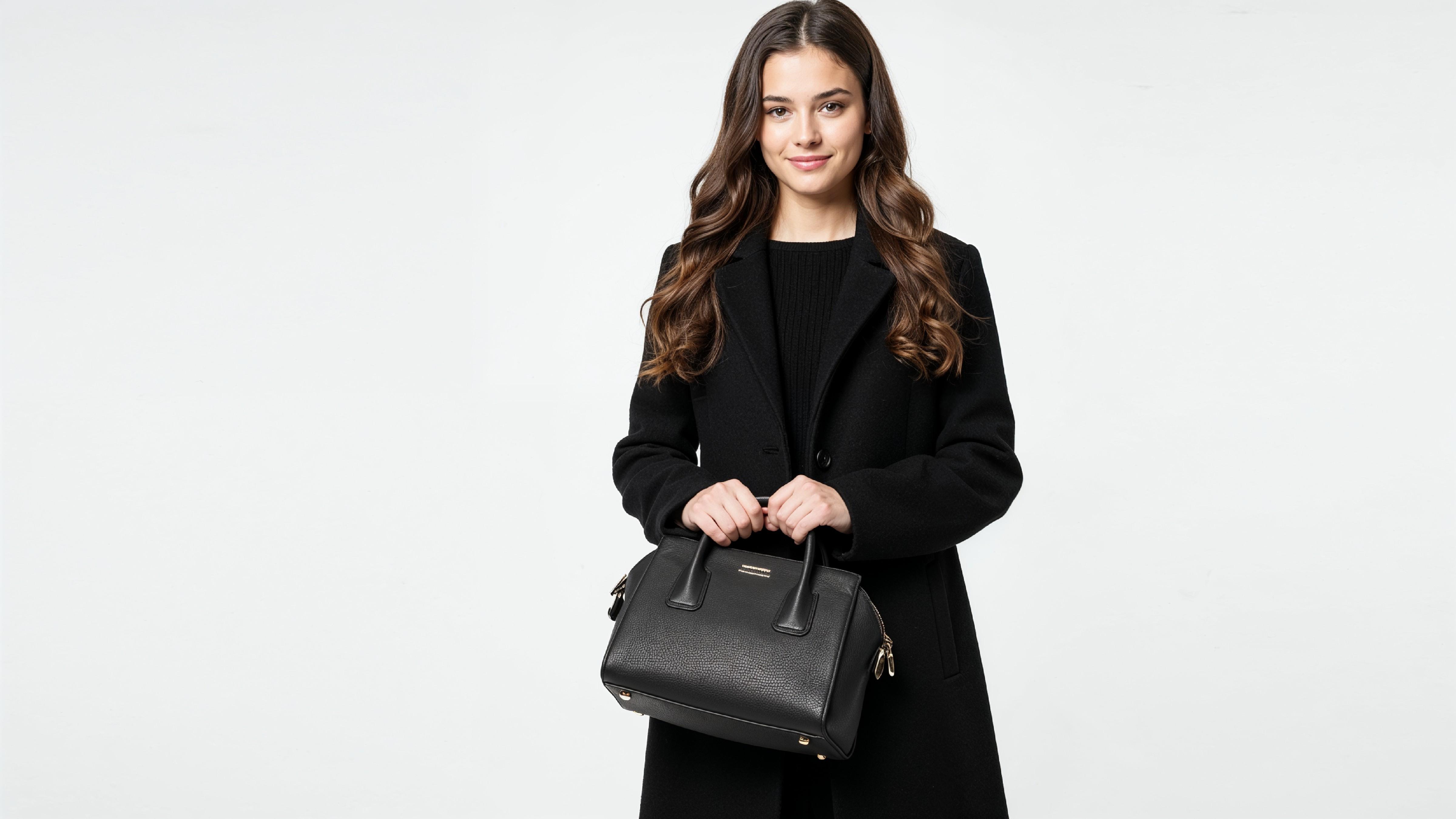 Elegant Young Woman in Modern Black Coat with Luxury Handbag