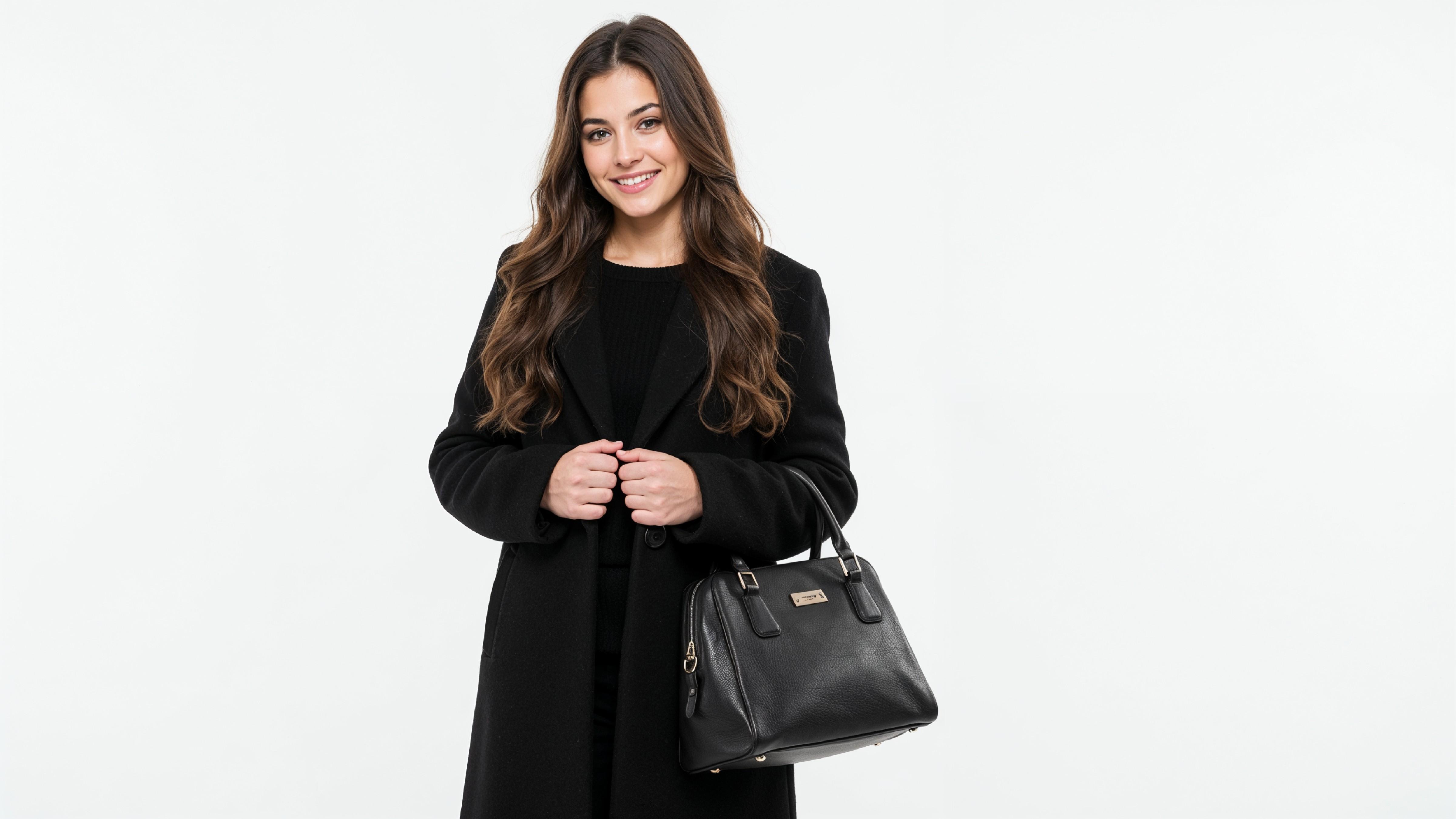 Elegant Young Woman in Modern Black Coat with Luxury Handbag