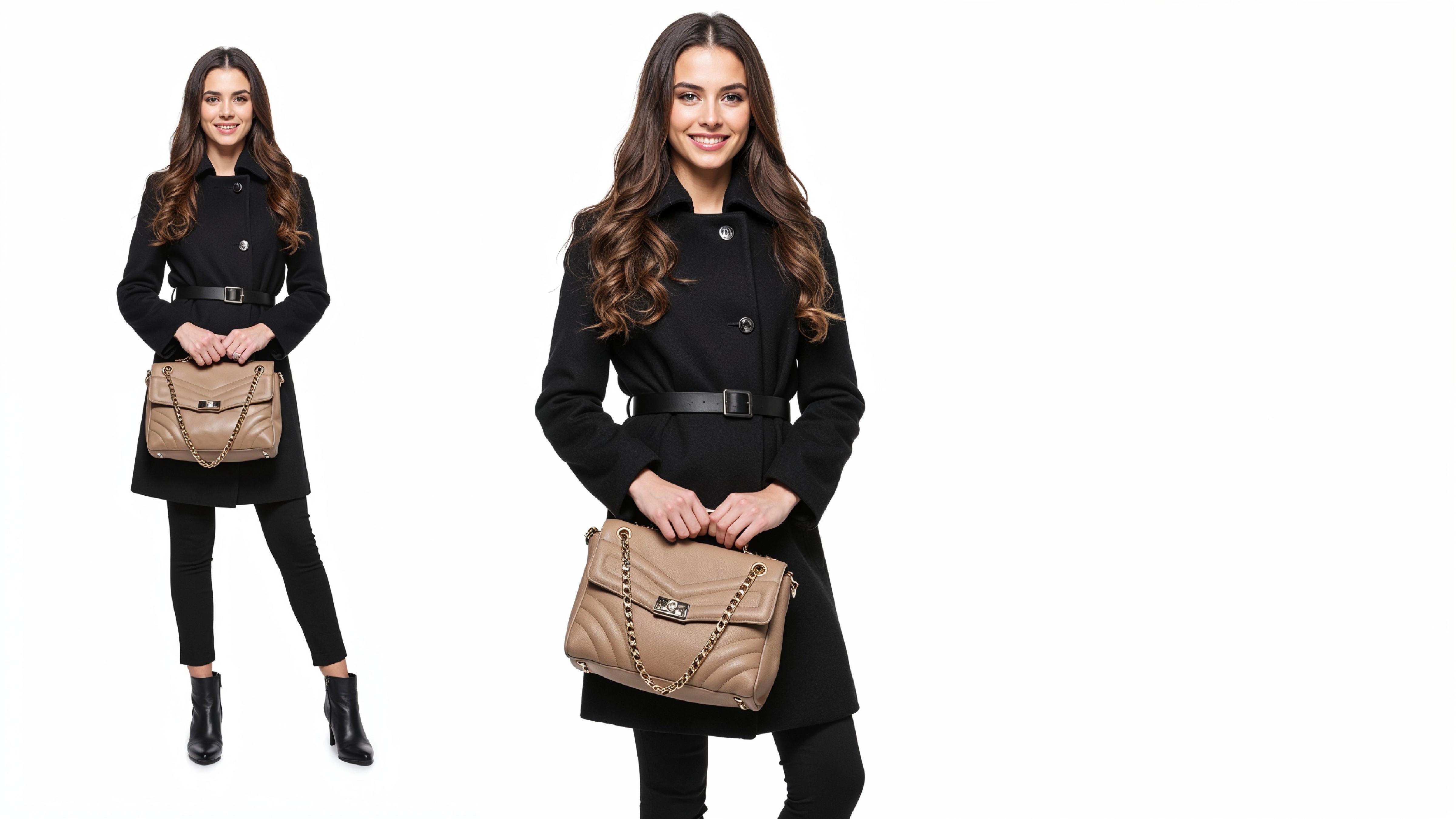 Elegant Young Woman in Modern Black Coat with Luxury Handbag