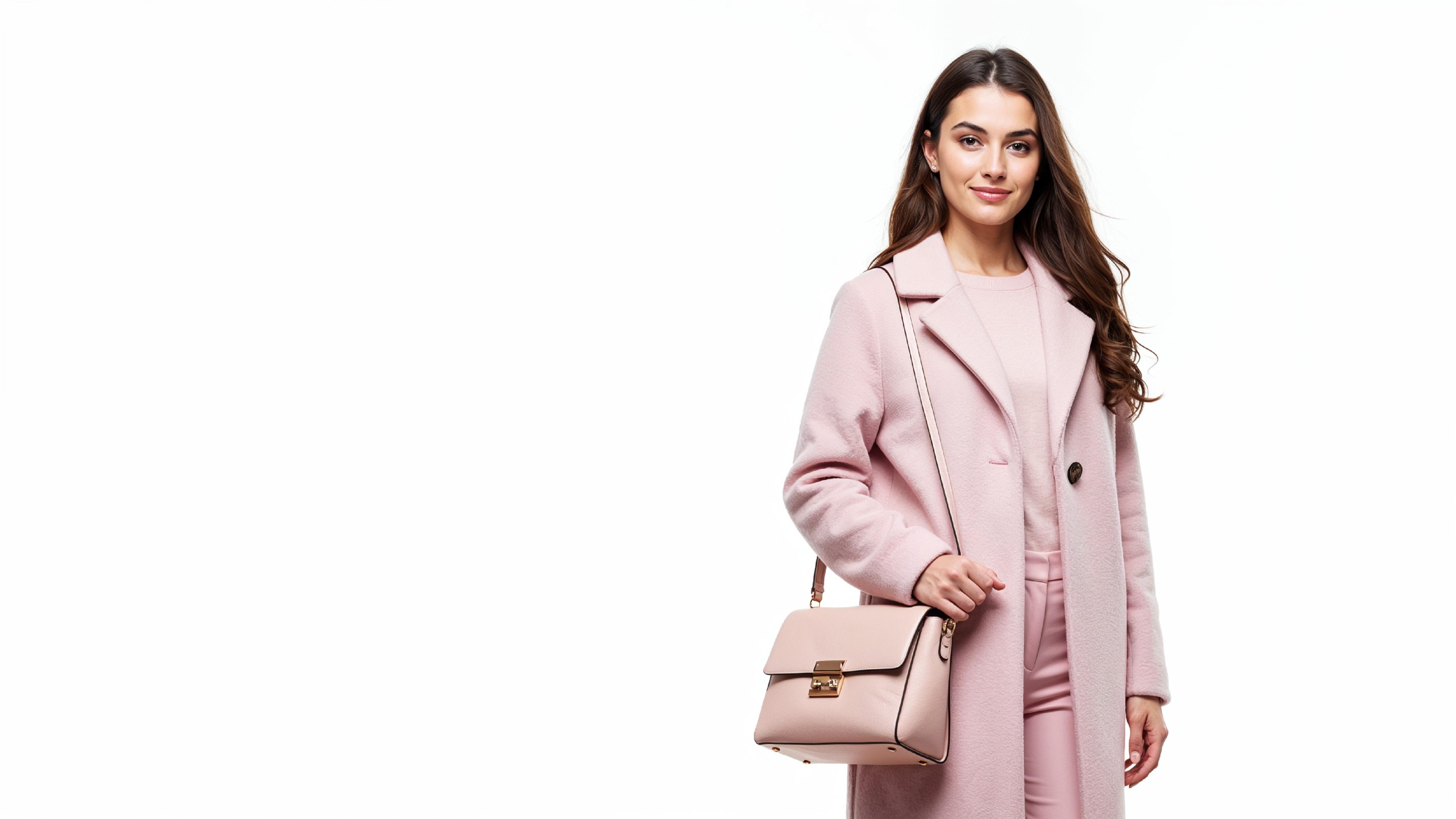 Elegant Young Woman in Pastel Pink Coat with Stylish Handbag