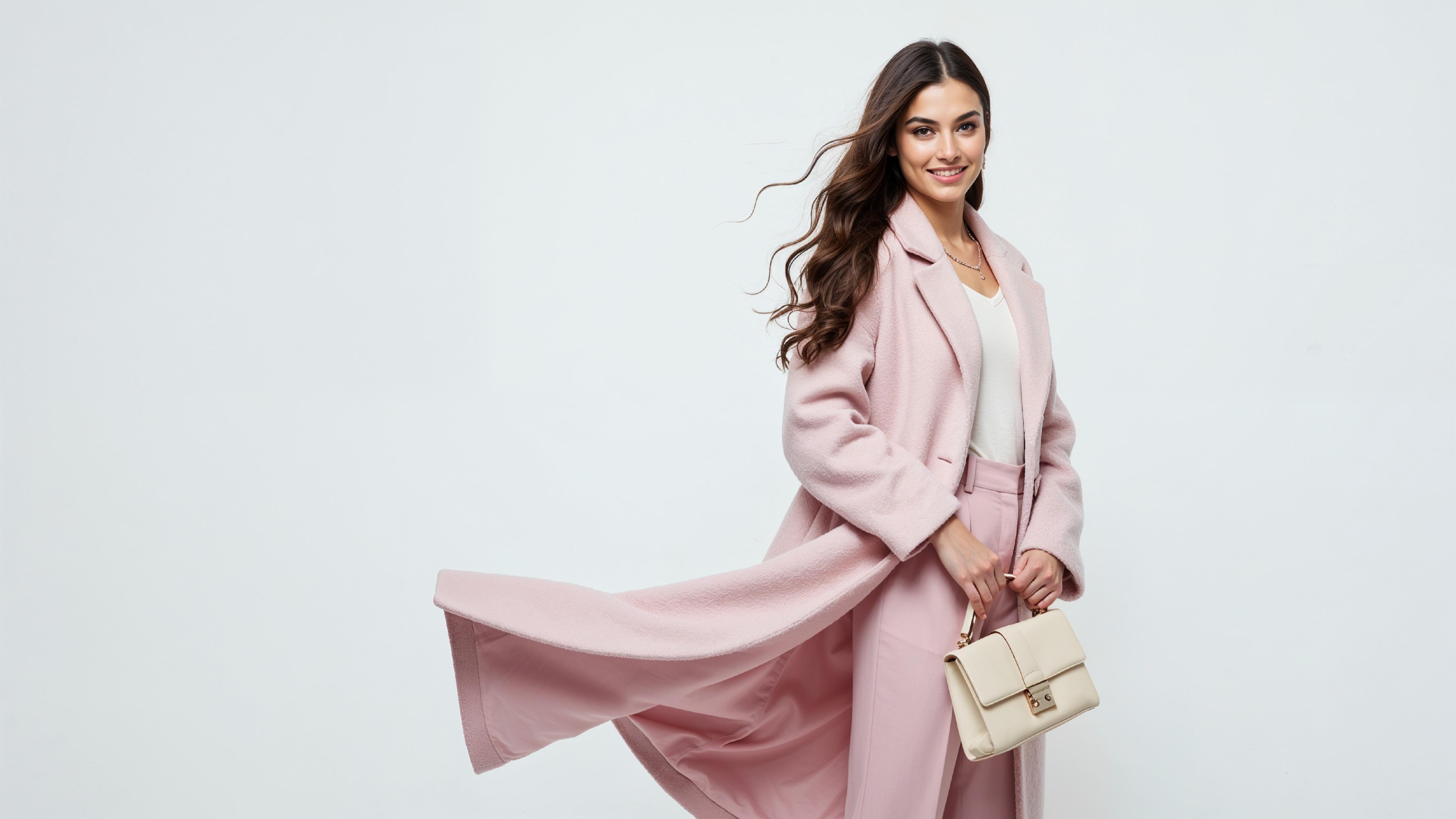 Elegant Young Woman in Pastel Pink Coat with Stylish Handbag