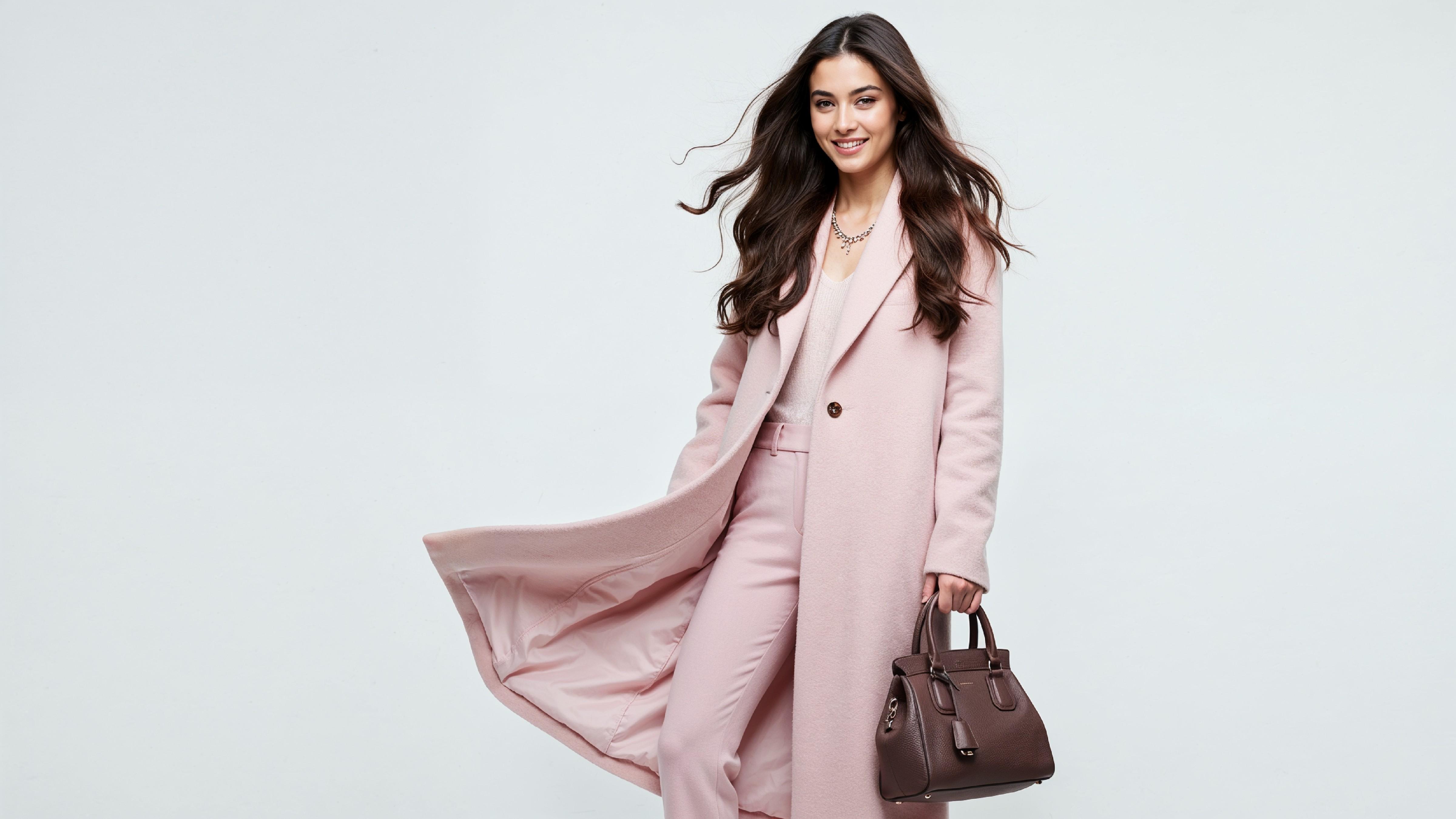 Elegant Young Woman in Pastel Pink Coat with Stylish Handbag