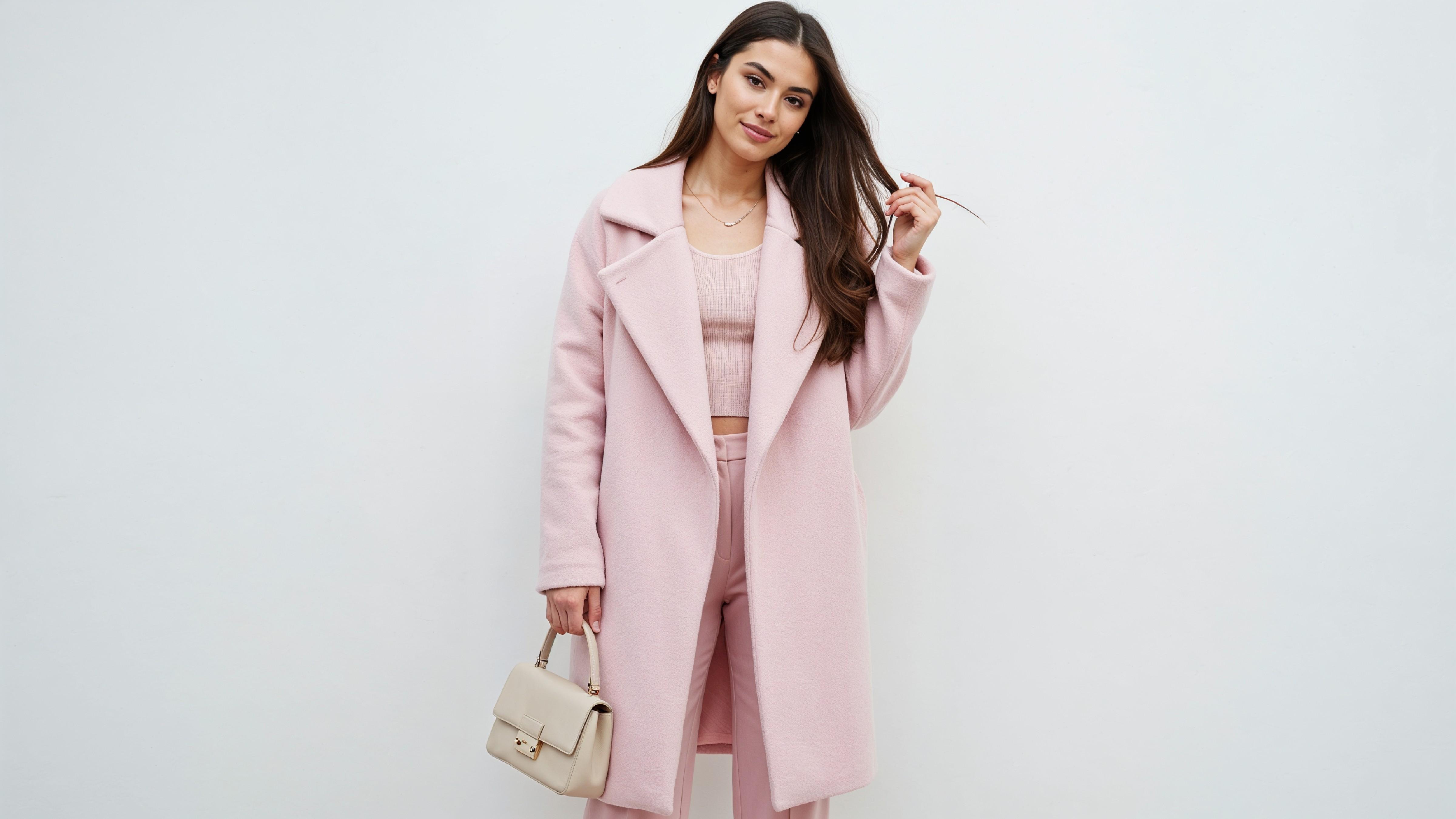 Elegant Young Woman in Pastel Pink Coat with Stylish Handbag
