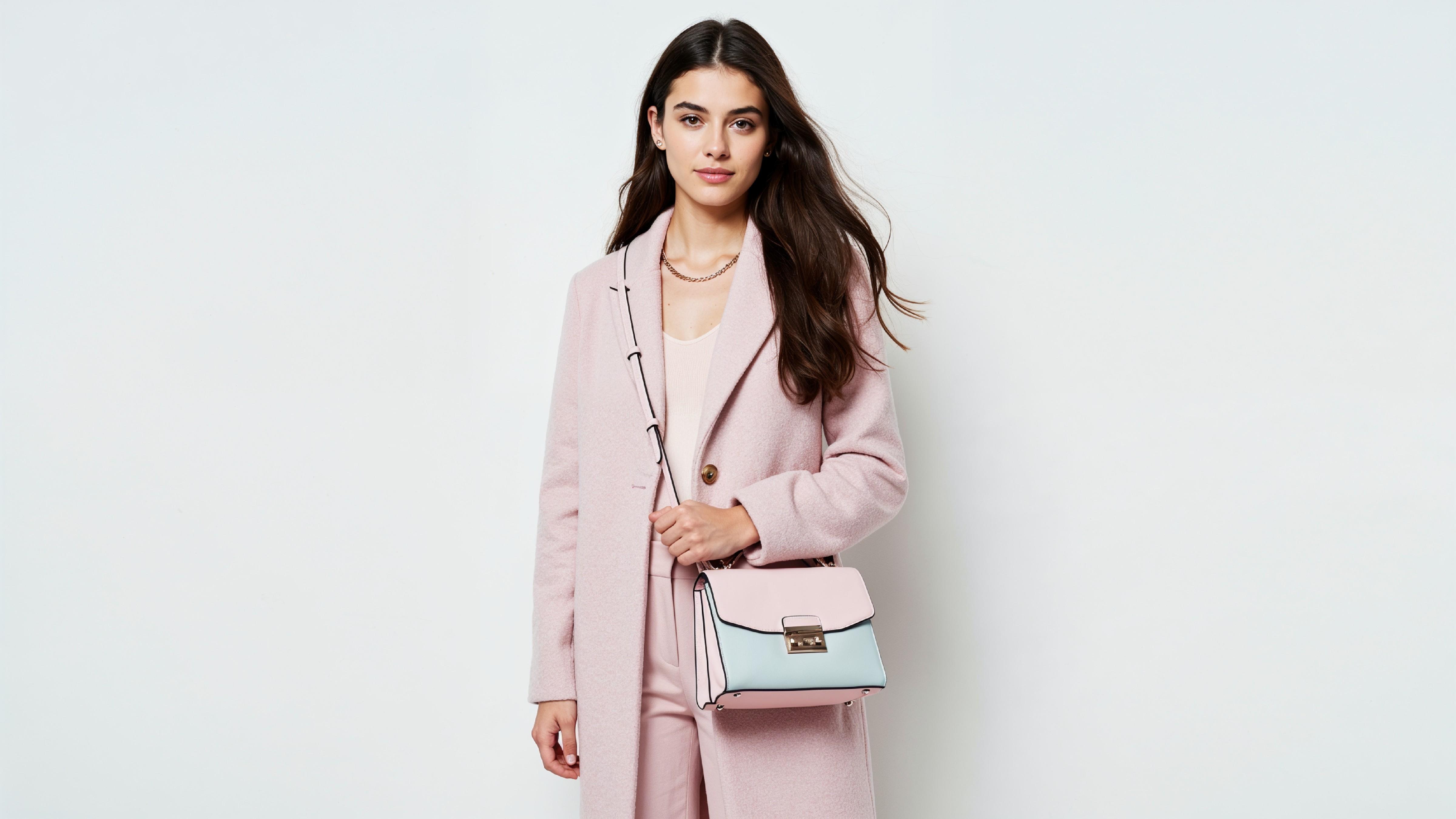 Elegant Young Woman in Pastel Pink Coat with Stylish Handbag