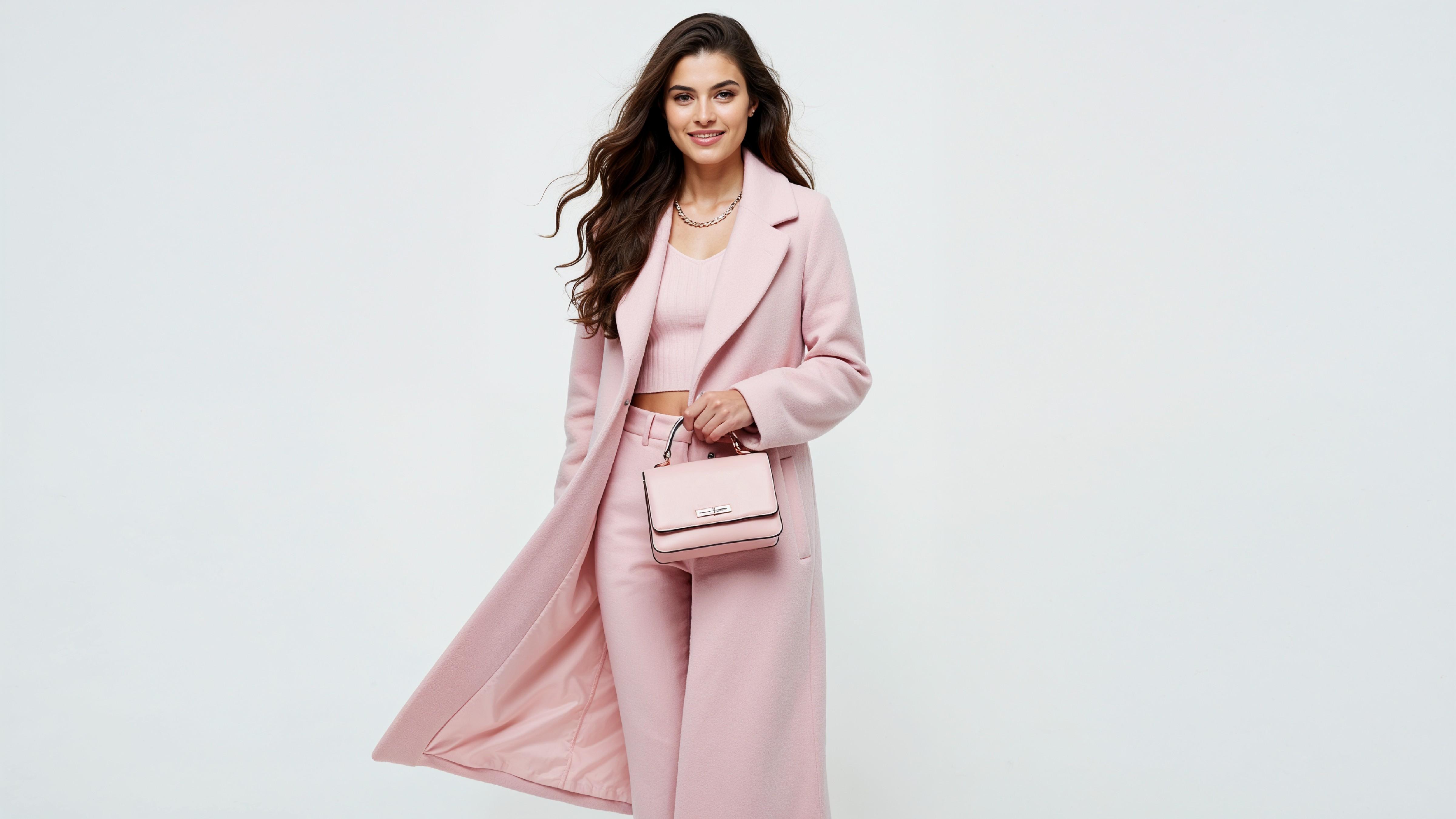 Elegant Young Woman in Pastel Pink Coat with Stylish Handbag