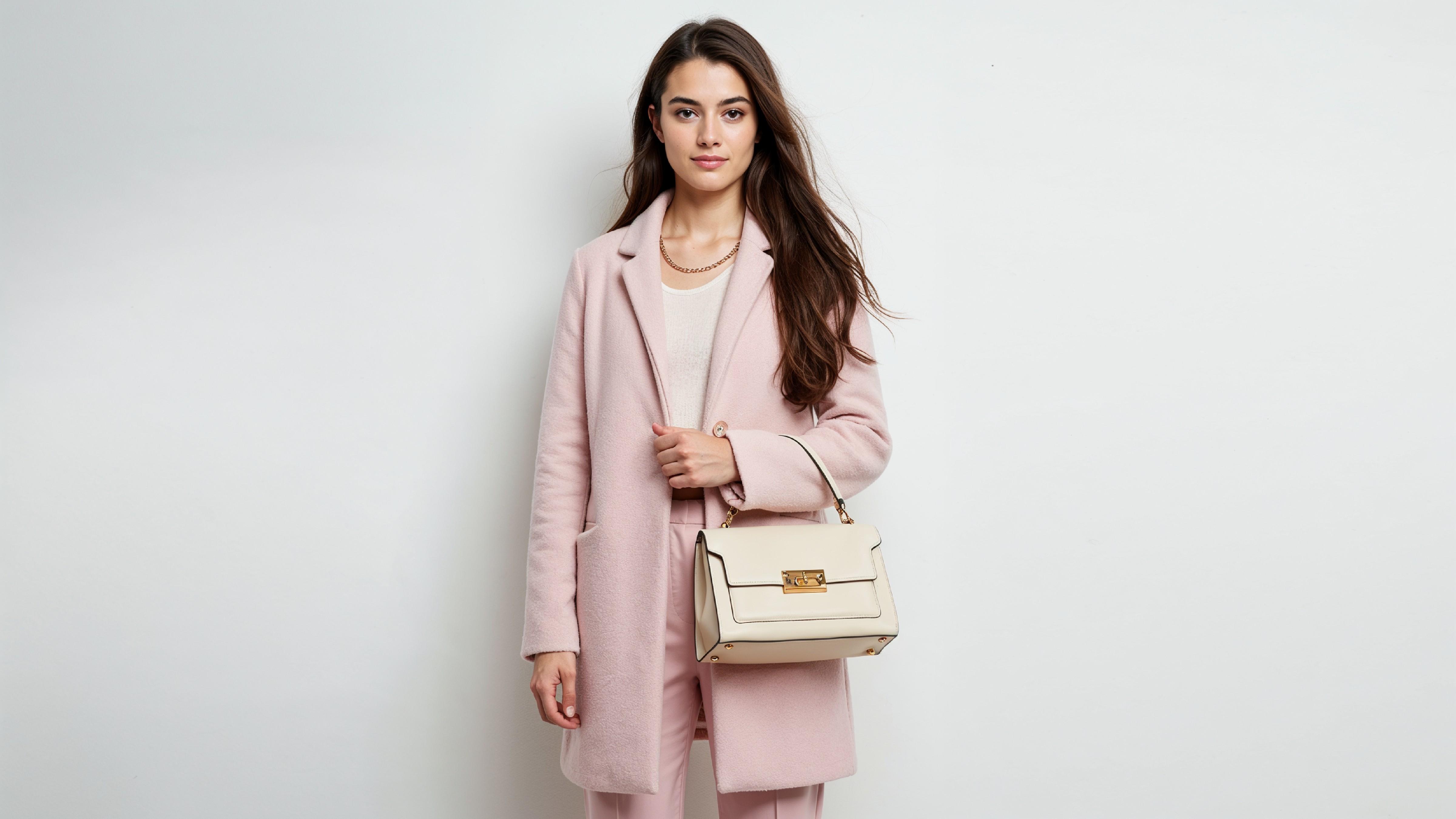 Elegant Young Woman in Pastel Pink Coat with Stylish Handbag