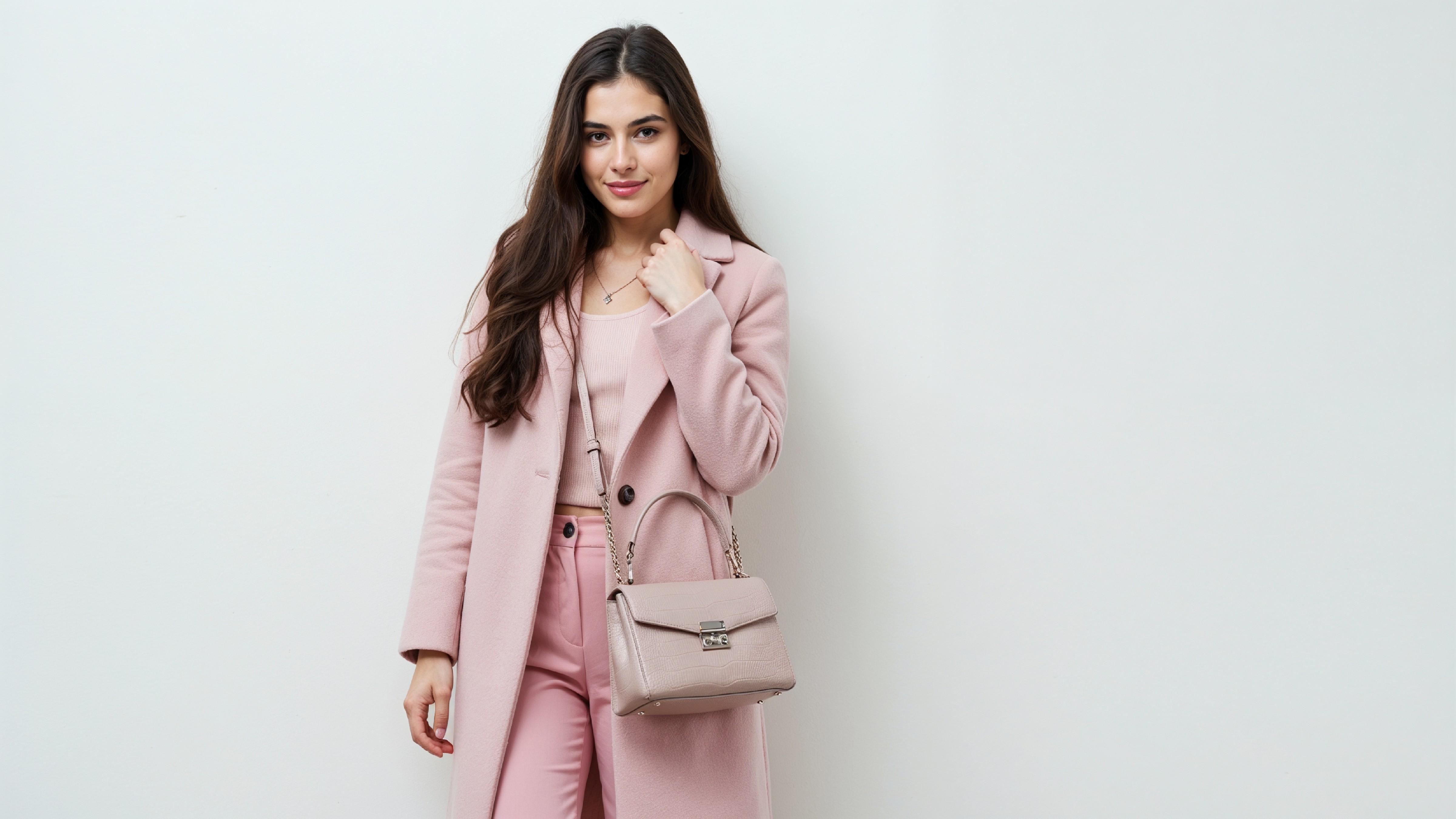 Elegant Young Woman in Pastel Pink Coat with Stylish Handbag