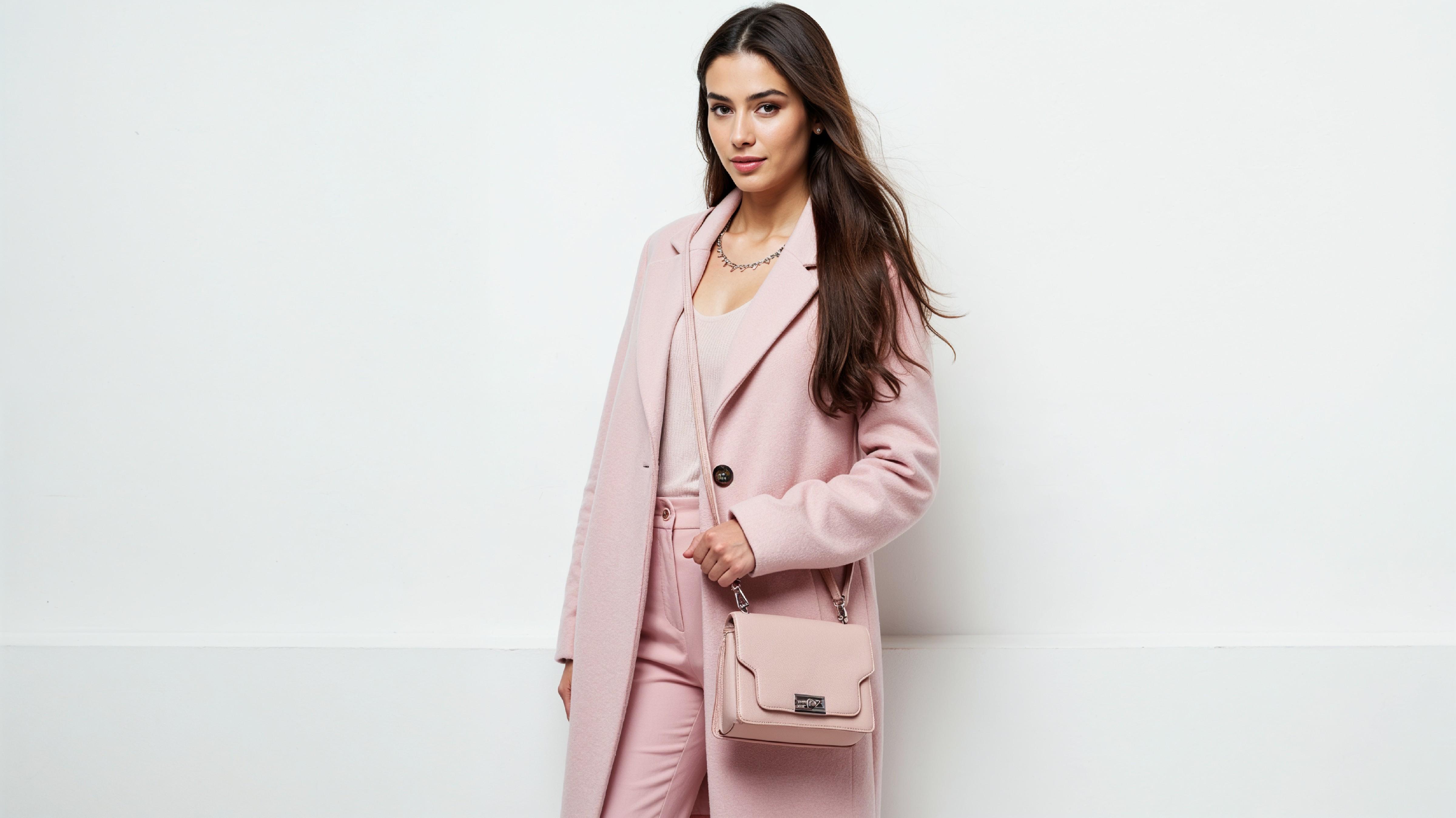 Elegant Young Woman in Pastel Pink Coat with Stylish Handbag