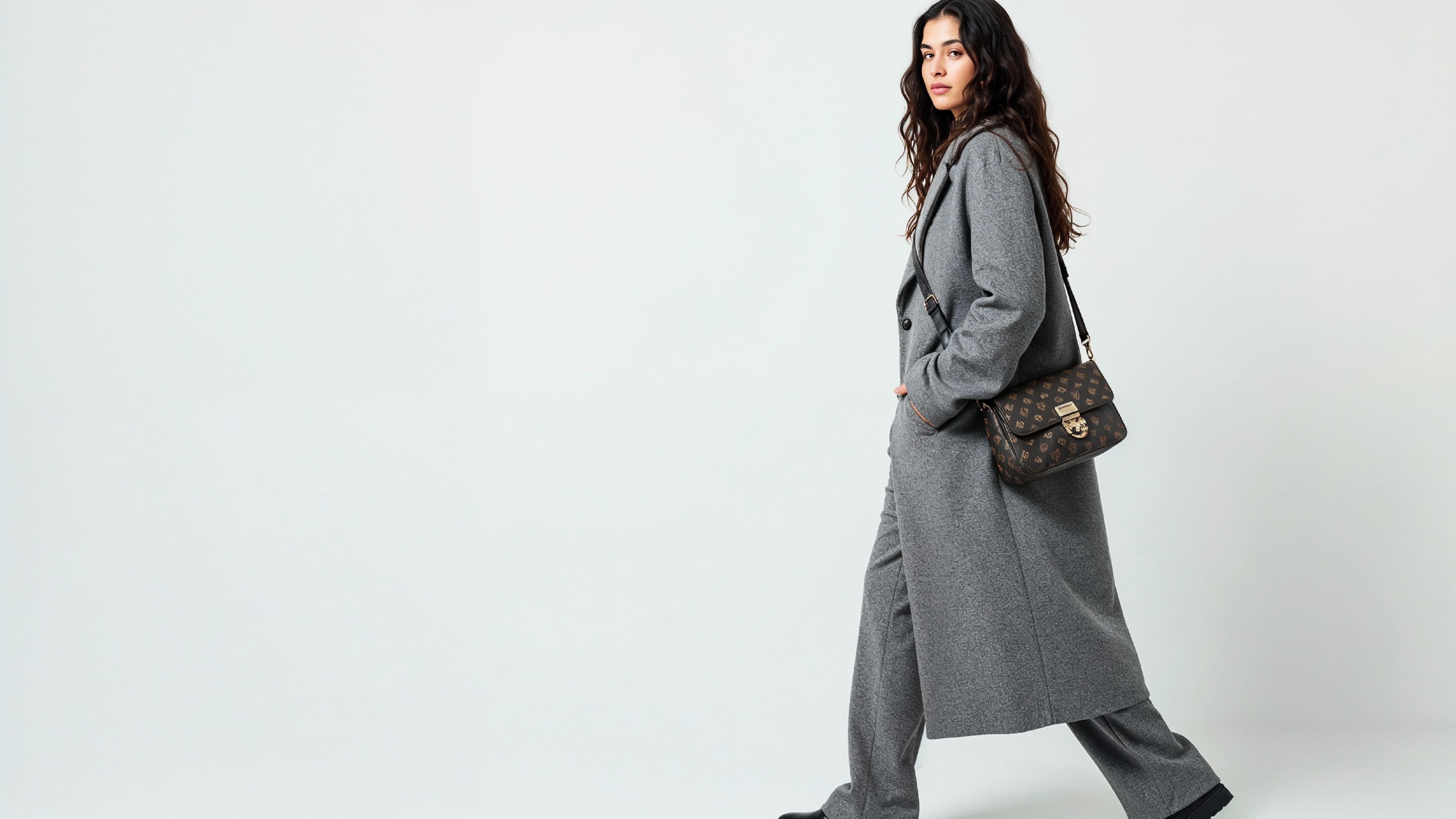 Fashionable Woman in Gray Coat and Trousers with Crossbody Bag
