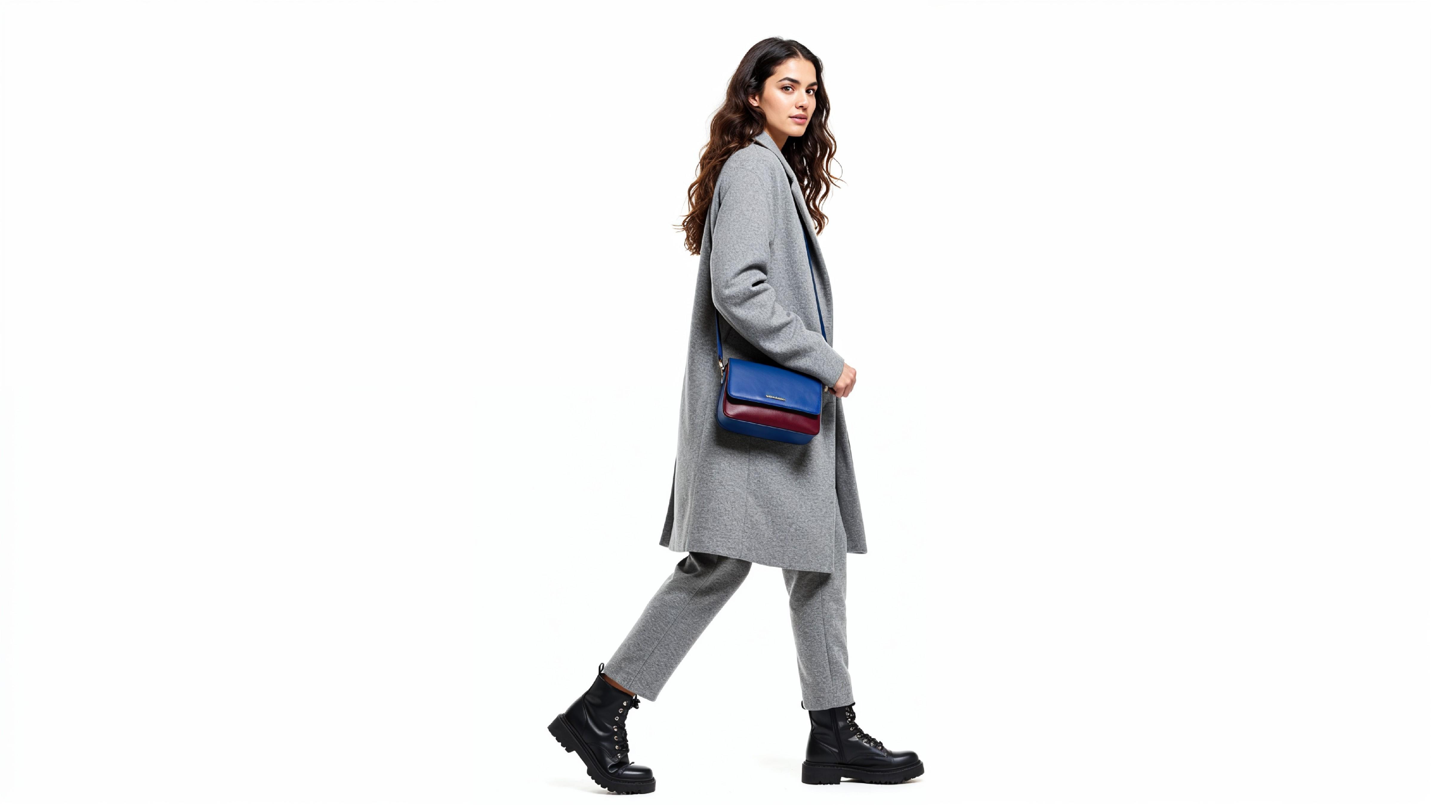 Fashionable Woman in Gray Coat and Trousers with Crossbody Bag
