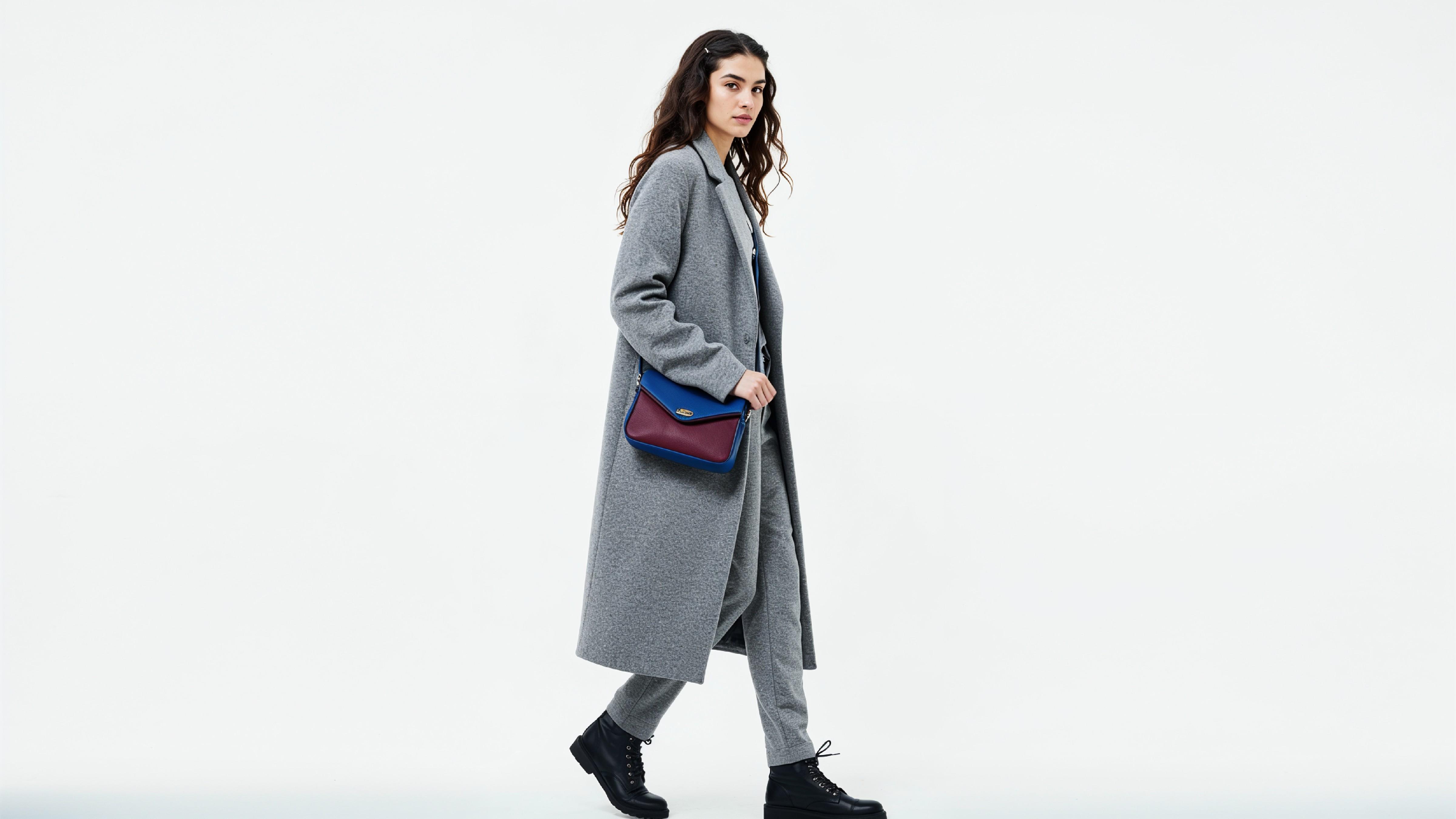 Fashionable Woman in Gray Coat and Trousers with Crossbody Bag